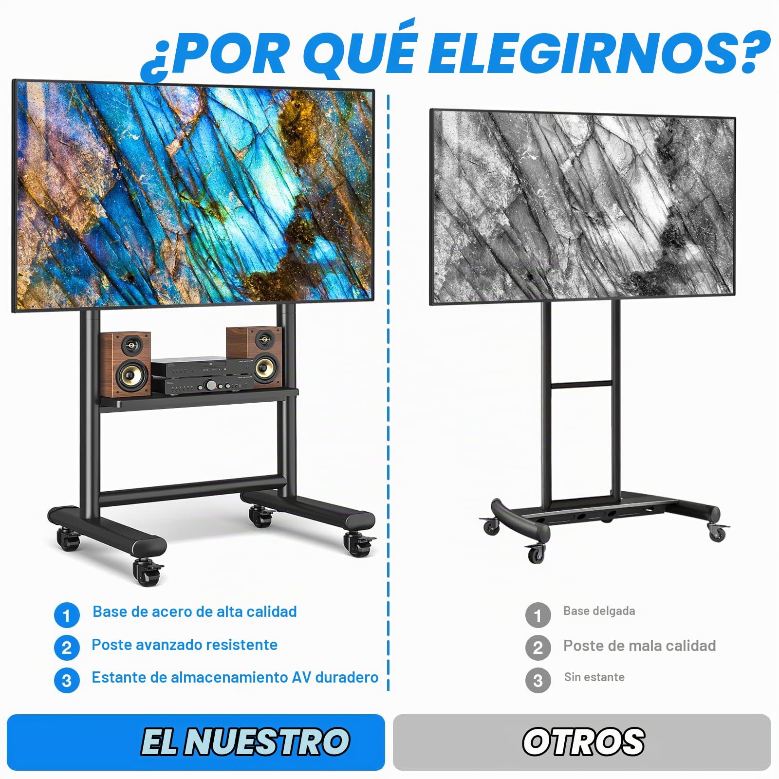RFIVER Soporte TV con Ruedas para TV de 50-86 Pulgadas hasta 68 kg | Soporte TV Pie con Balda, Altura Ajustable, Soporte TV Suelo Carrito TV montaje sencillo, VESA Máx 800x600mm