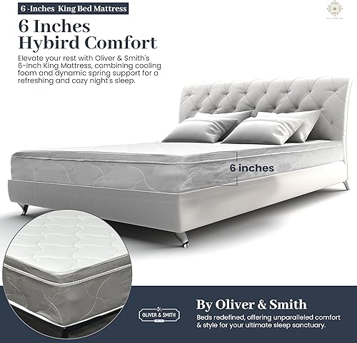 Miniatura 3 de Oliver & Smith - Colchón híbrido de espuma fresca y cómoda de 6 pulgadas con funda de algodón orgánico transpirable, parte superior acolchada suave