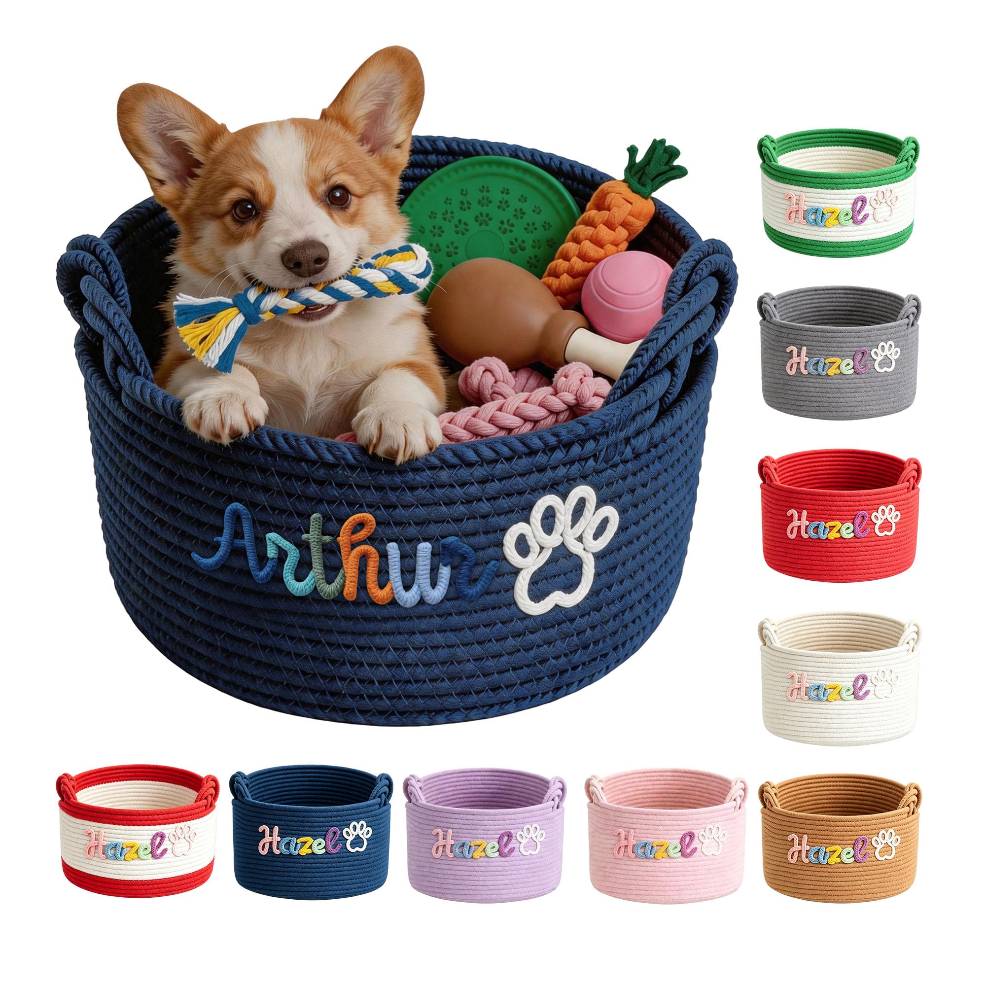 Kannts Dog Cat Toy Basket, Personalised Cotton Rope Pet Dog Toy Box Storage with Name((Dark Blue)