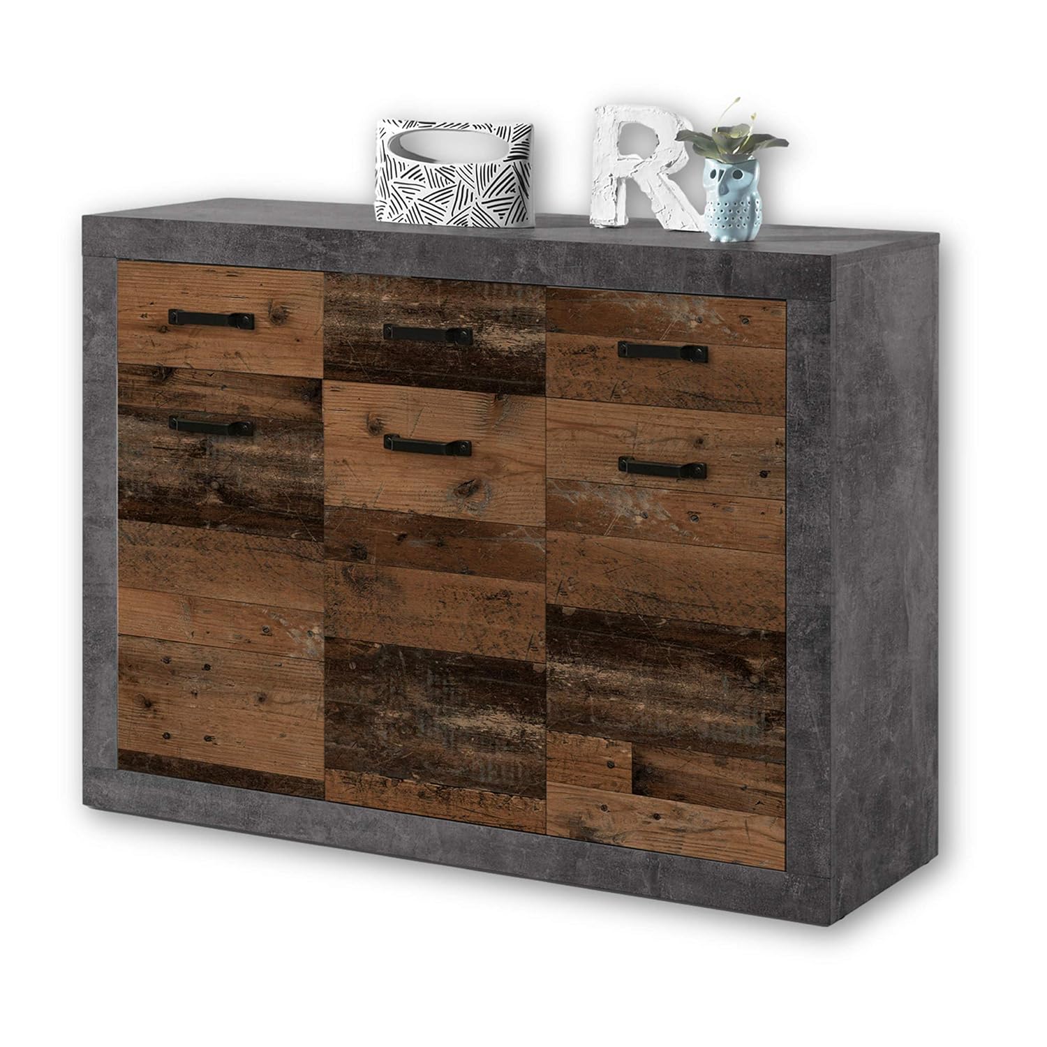 Stella Trading INDIANA Vintage Sideboard in Old Wood Optik, Betonoxid – rustikale Retro Kommode mit viel Stauraum für Ihren Wohnbereich – 117 x 90…