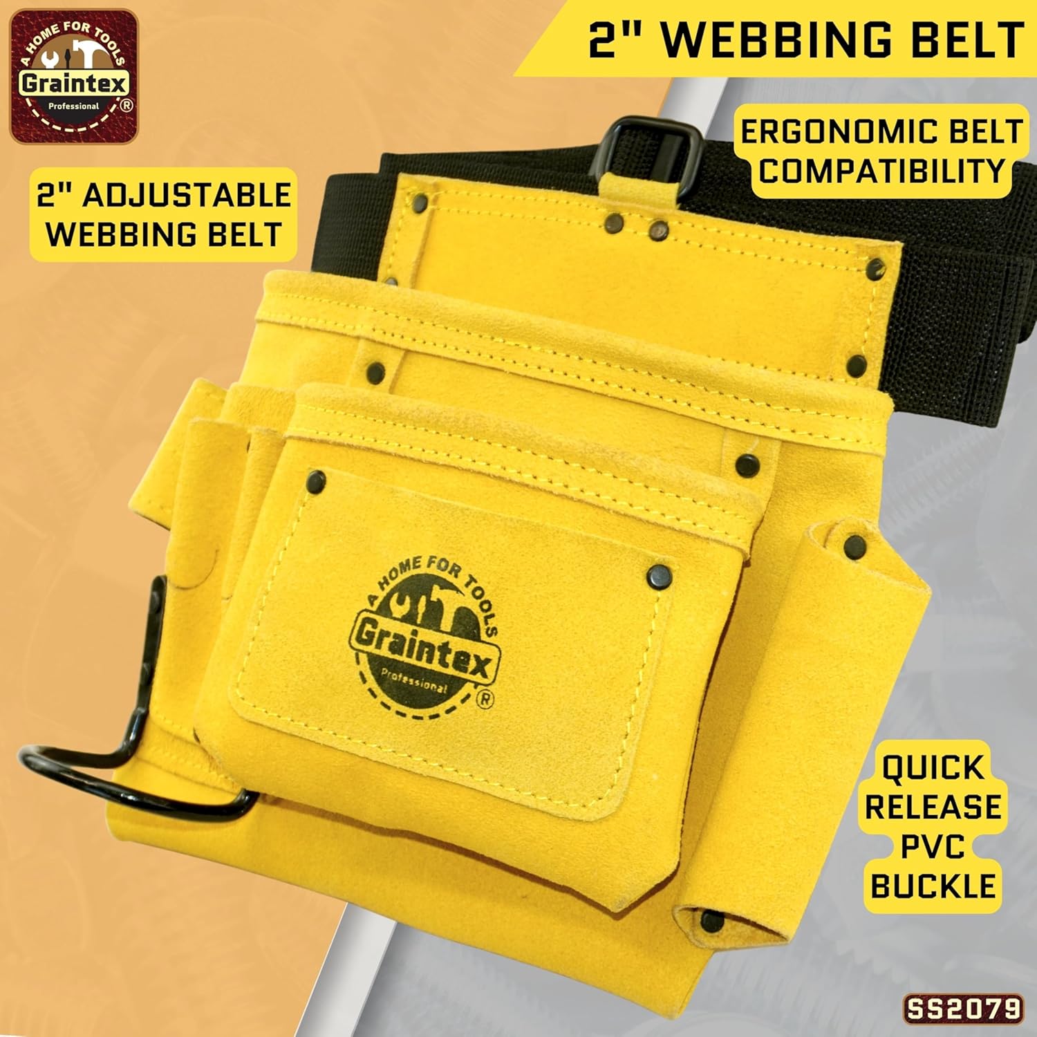 Graintex 5 Pocket Suede Leather Tool Belt/Bag | Yellow | Multipurpose Leather Tool Belt for Women and Men | Construction, Electrician, Handymen, Carpenter, Gardening Pouch and DIY Projects
