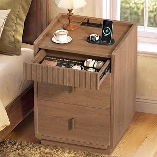 Fluted Nightstand with Hidden Drawer and Invisible Lock, Walnut | Farmhouse Bedside Table with 4 Drawers and Charging Station, Walnut Night Stand with Hidden Storage for Bedroom