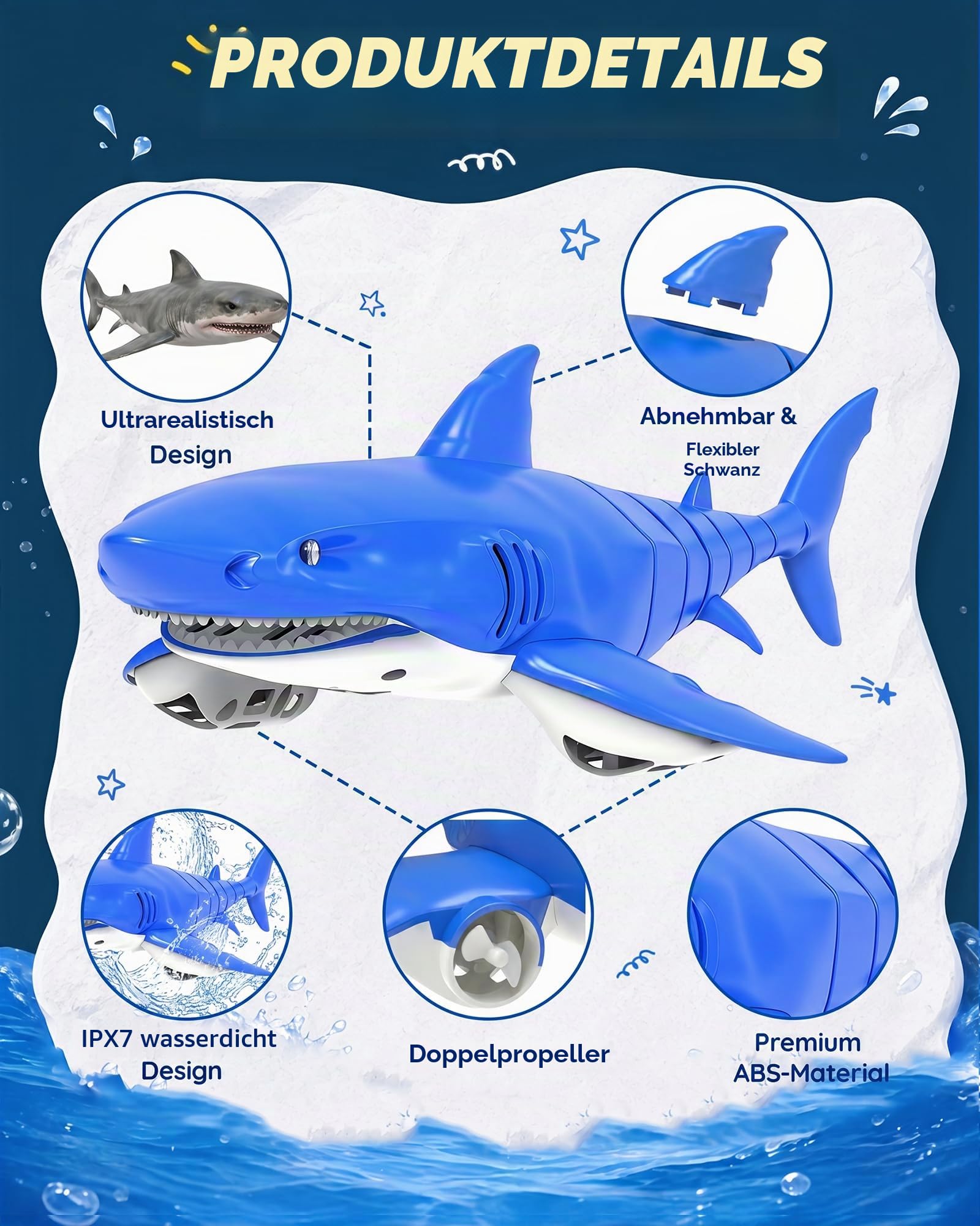 2.4G Ferngesteuertes Hai-Spielzeug mit LED-Augenleuchten, wiederaufladbares RC-Hai-Boot, IPX7 wasserdichtes auslaufsicheres Batteriefach, für Kinder 3-12 Jahre, ideal für Pool, Bad & Partys