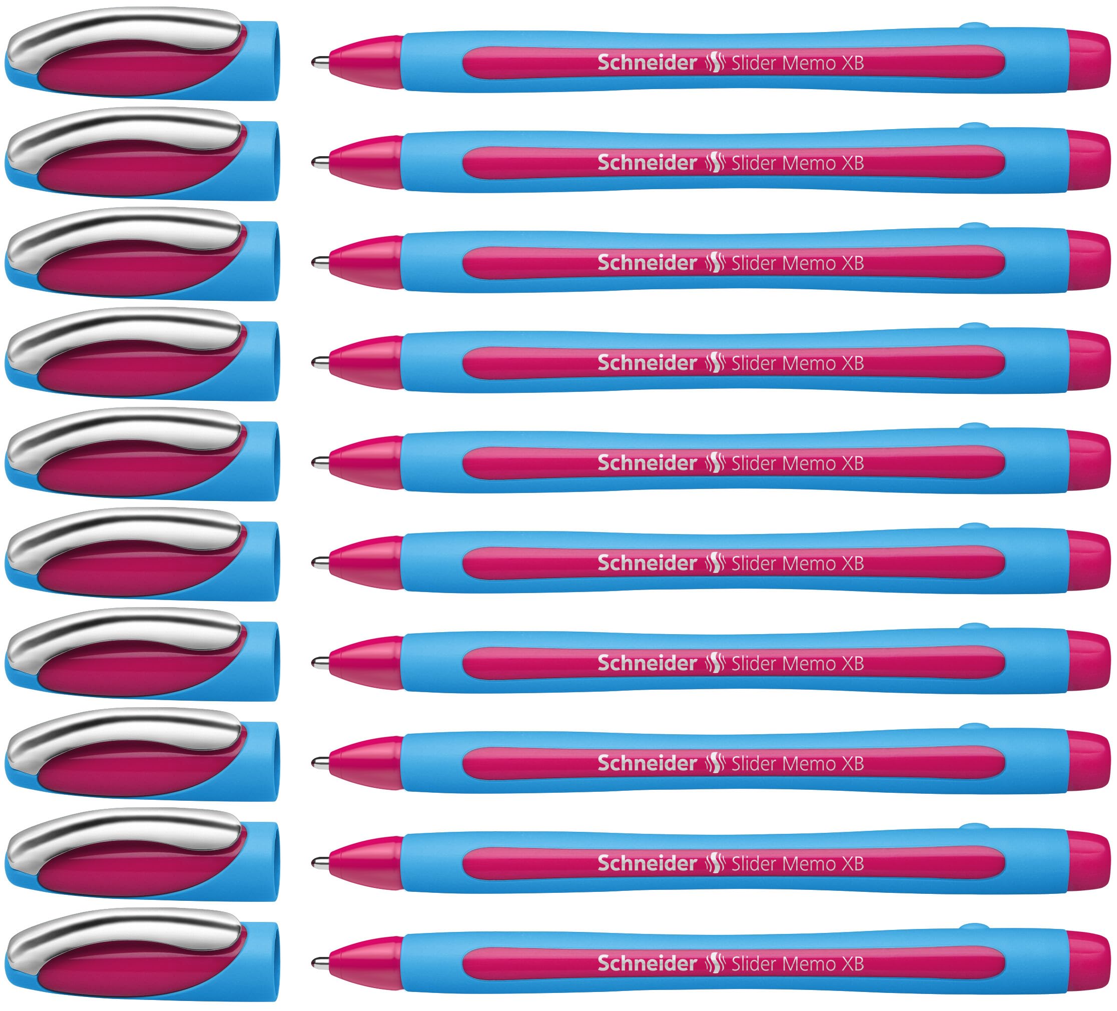Schneider Slider Memo XB (Extra Broad) Ballpoint Pen, 1.4 mm, Light Blue Barrel, Pink Ink, Box of 10 Pens (150209)