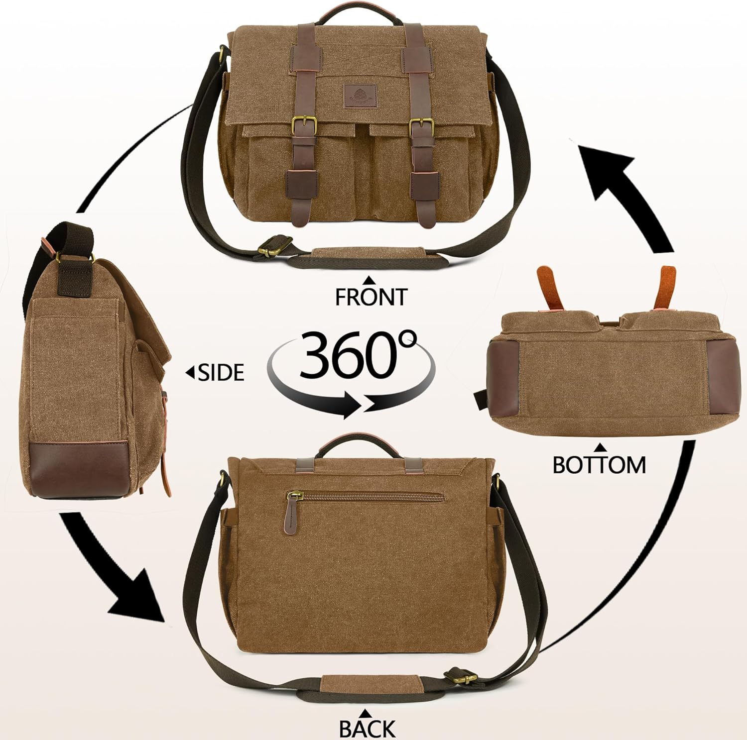 Messenger Bag for Men,13-14 Inch Laptop Bag, Vintage Water-resistant Waxed Canvas Satchel Bags, Leather Briefcase for School Work Travel (Brown) - Image 5