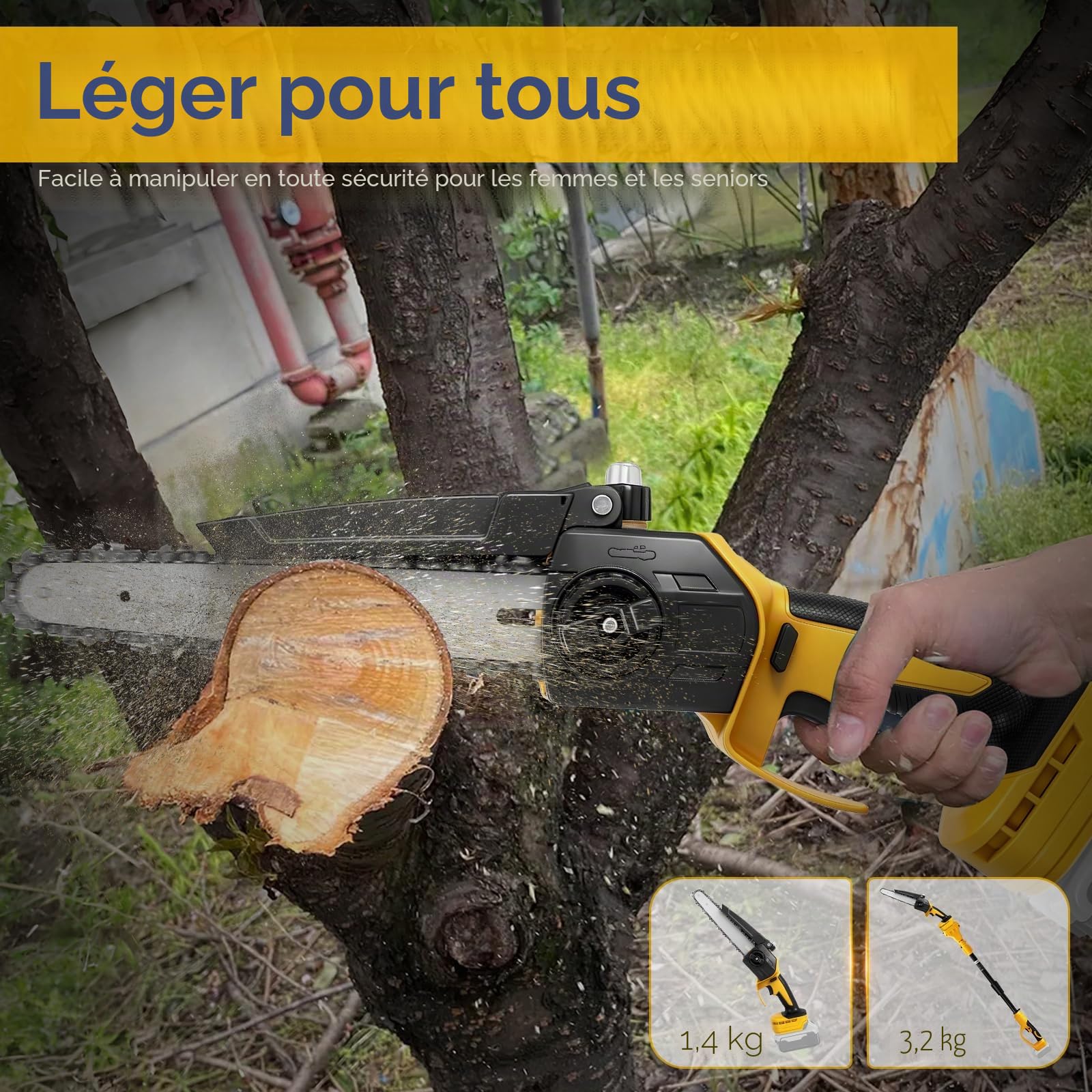 2 en 1 Tronçonneuse télescopique sans fil pour DeWalt 20 V (sans batterie) | Roadtime scie à métaux scie à élaguer sans balais avec 2 chaînes de rechange, pour branches d'arbre, coupe du bois, barre