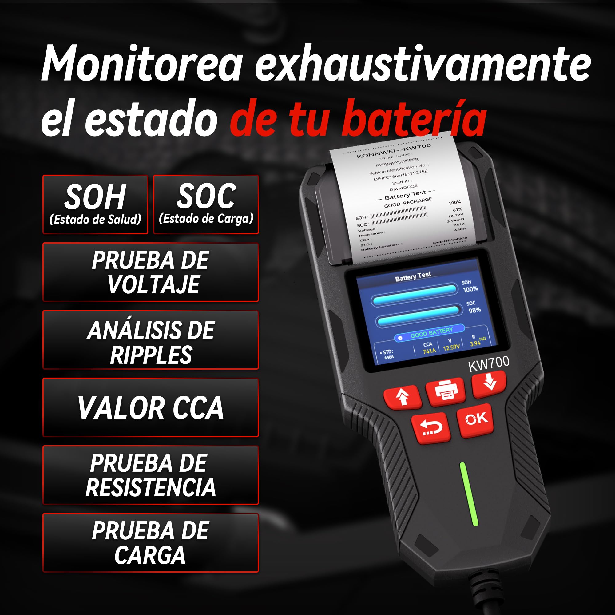 KONNWEI Comprobador de batería de coche con impresora 12 V 24 V, prueba de arranque y carga, 100-2000 CCA, analizador de batería para coche, camión, motocicleta (papel incluido)