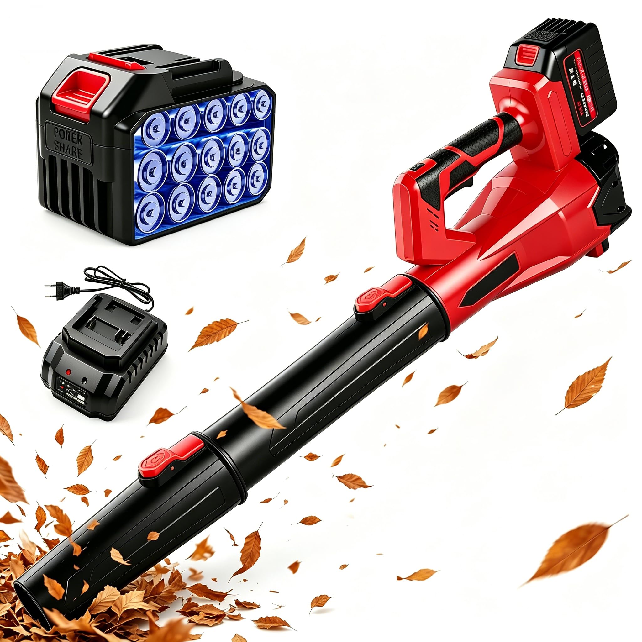 Soffiatore a Batteria 200km/h, 21V Soffiatore Foglie Elettrico Senza Filo con Batterie 1,3Ah, 6 Velocità, Max 21000RPM, 61m³/min, per Cura del Giardino, Vialetto, Foglie, Polvere e Neve