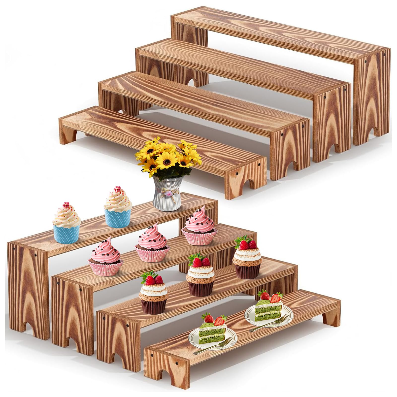 YUZUKYAUY 2 Set Stackable Wooden Cupcake Stand Tiered Riser Display Stands for Vendor Events Vendor Booth Display Items Farmhouse Decor Wood Dessert