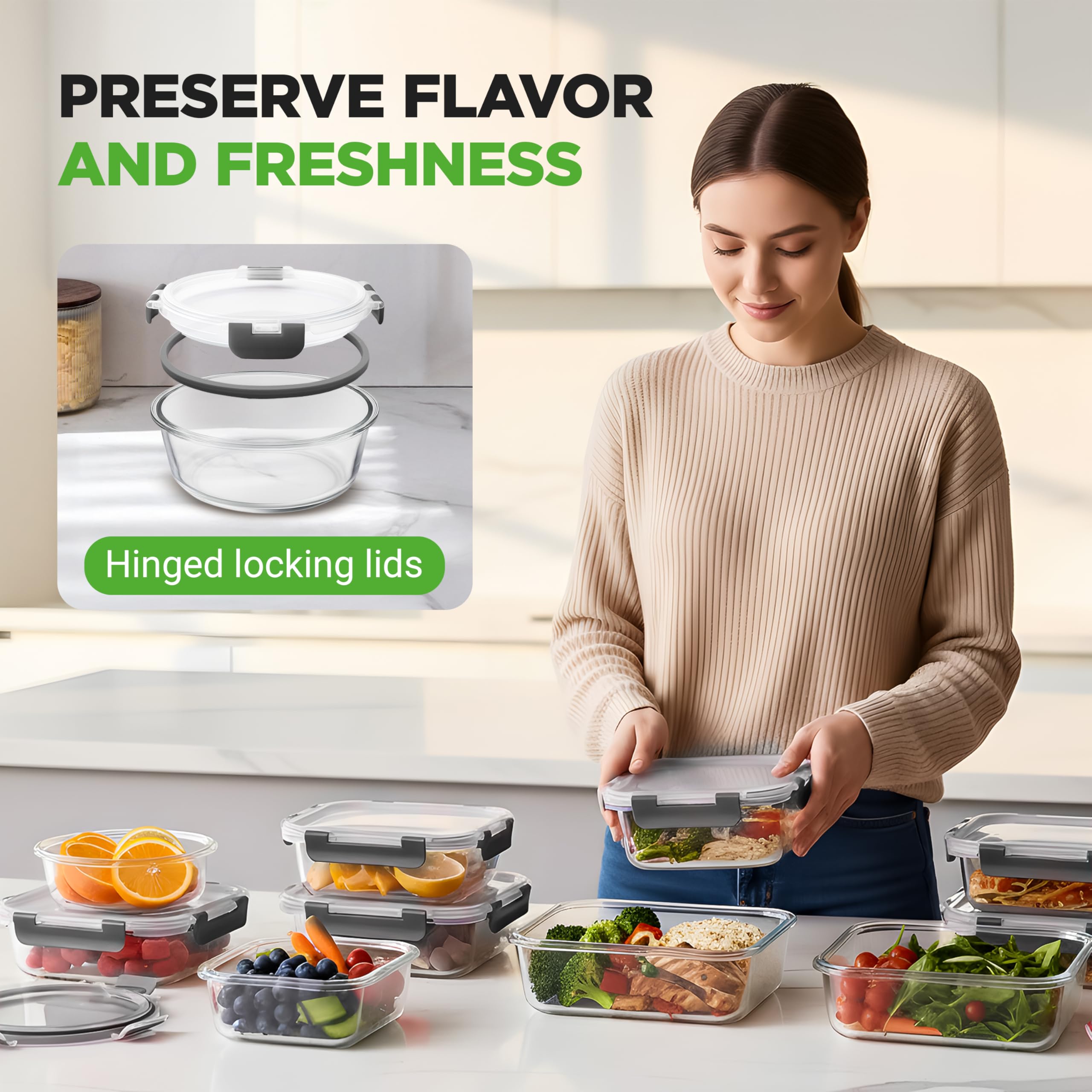 NutriChef Zestaw 24 Słoików Ze Szkła | 12 Apilowanych Słoików Do Meal Prep Ze Szkła Z 12 Hermetycznymi Pokrywkami | Pudełka Do Przechowywania Z Pokrywką, Słoiki Do Przechowywania