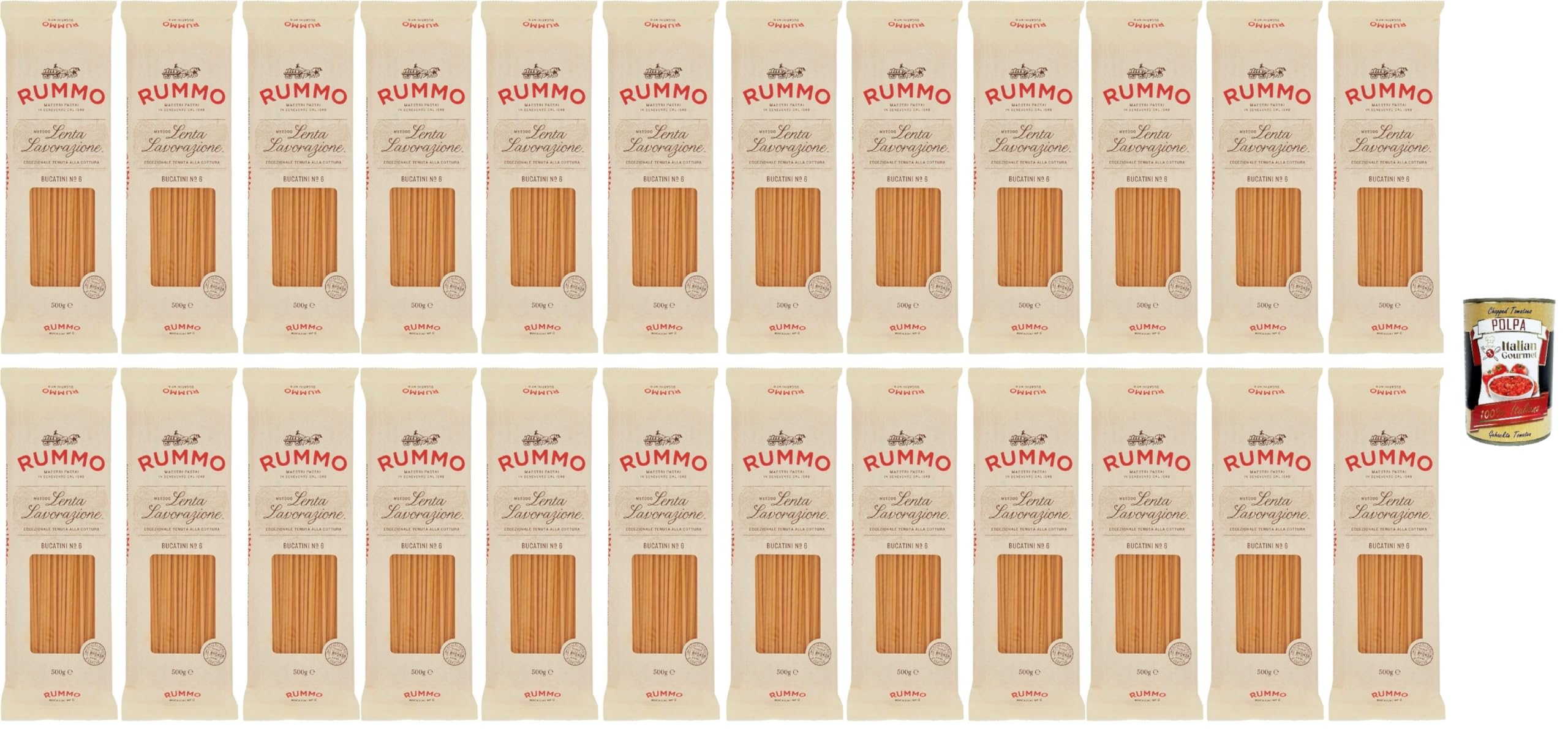 Rummo Bucatini N. 6 Durum Pâtes sémoraires,italiennes Pasta Italian Noodles 24x 500 g Pack + Italian Gourmet Polpa di Pomodoro 400 g