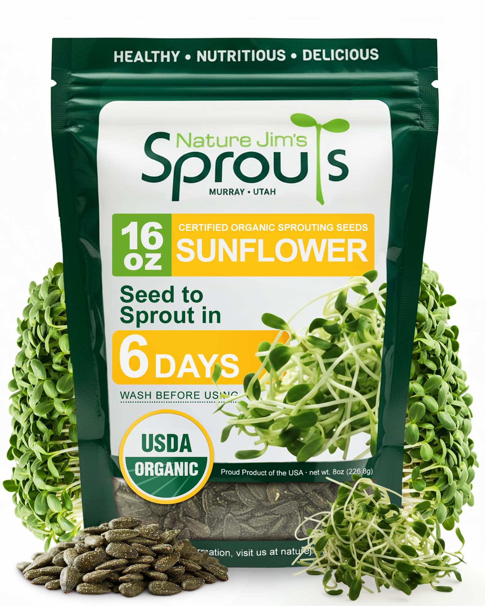 Nature Jims Sprouts Sunflower Seed - Certified Organic Black Oil Sunflower Sprouts for Soups - Raw Bird Food Seeds - Non-GMO, Chemicals-Free - Easy to Plant, Fast Sprouting Sunflower Seeds - 8 Oz