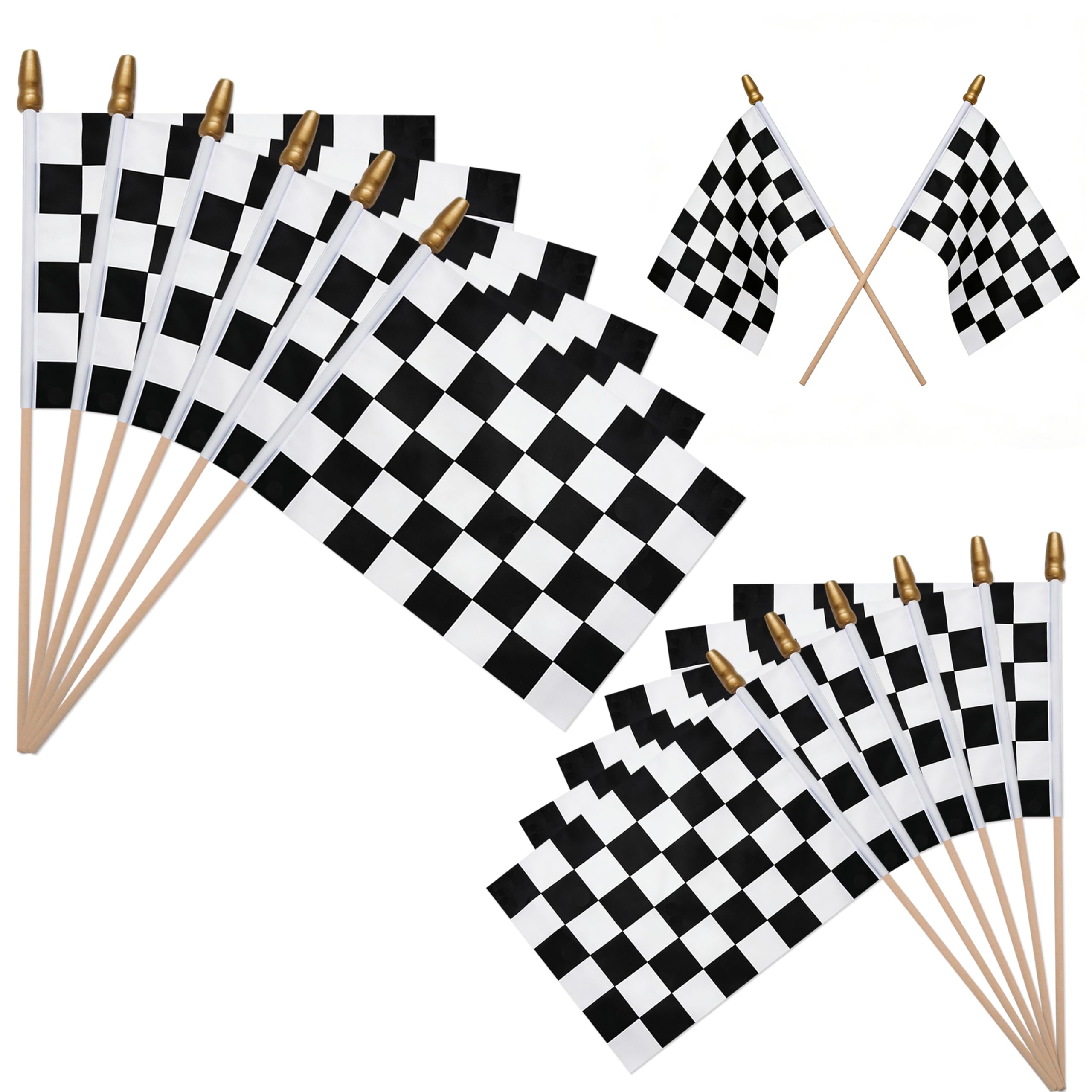 Photo 1 of 12 Pack 8×12 Inch Black and White Checkered Racing Flags Small Mini Race Car Hand Flags on Stick for Outdoor Decorations