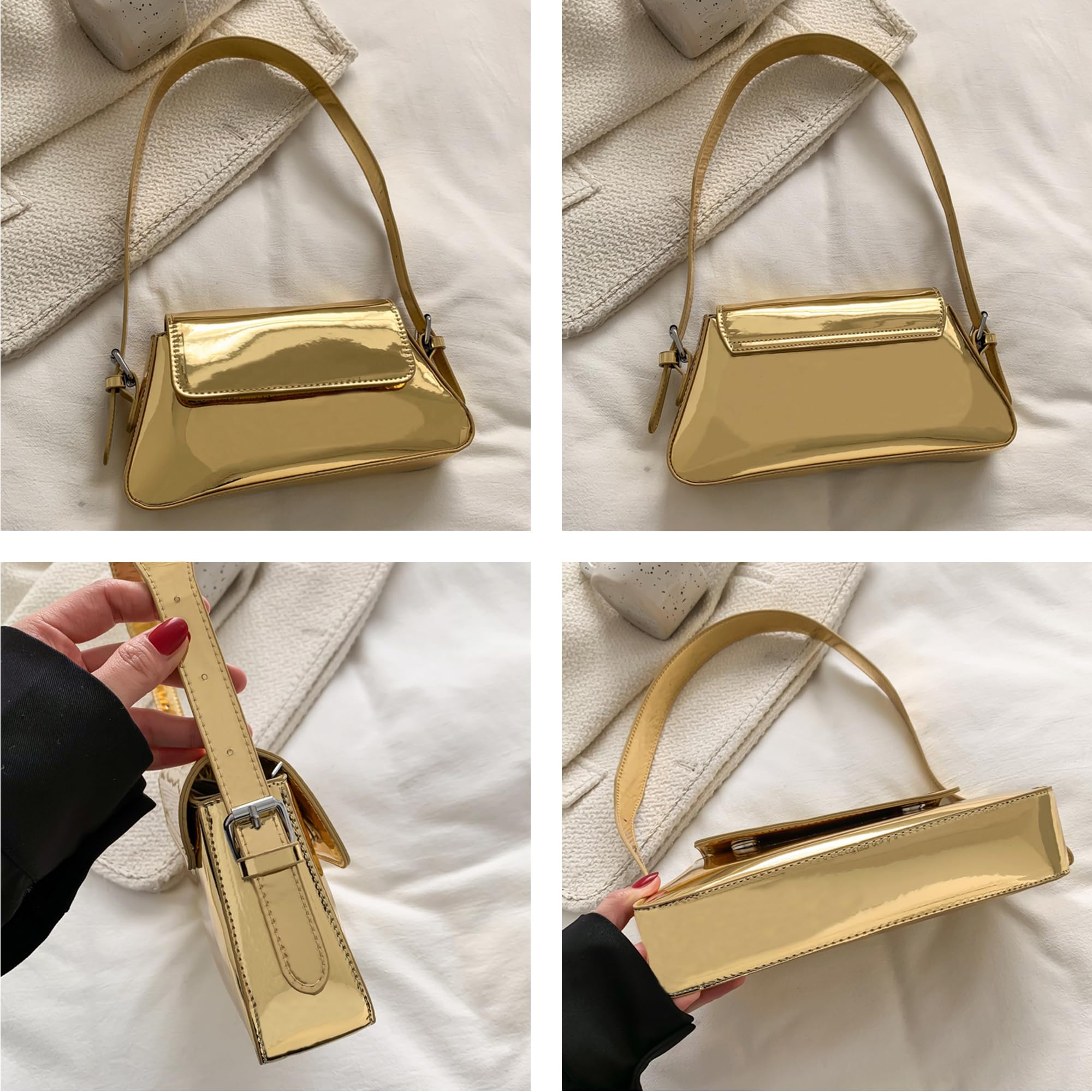 Bolso de hombro pequeño para mujer, lindo bolso de mano hobo de noche, bolso de mano Y2K plateado brillante para fiesta, graduación, boda, Oro, Pequeña 4