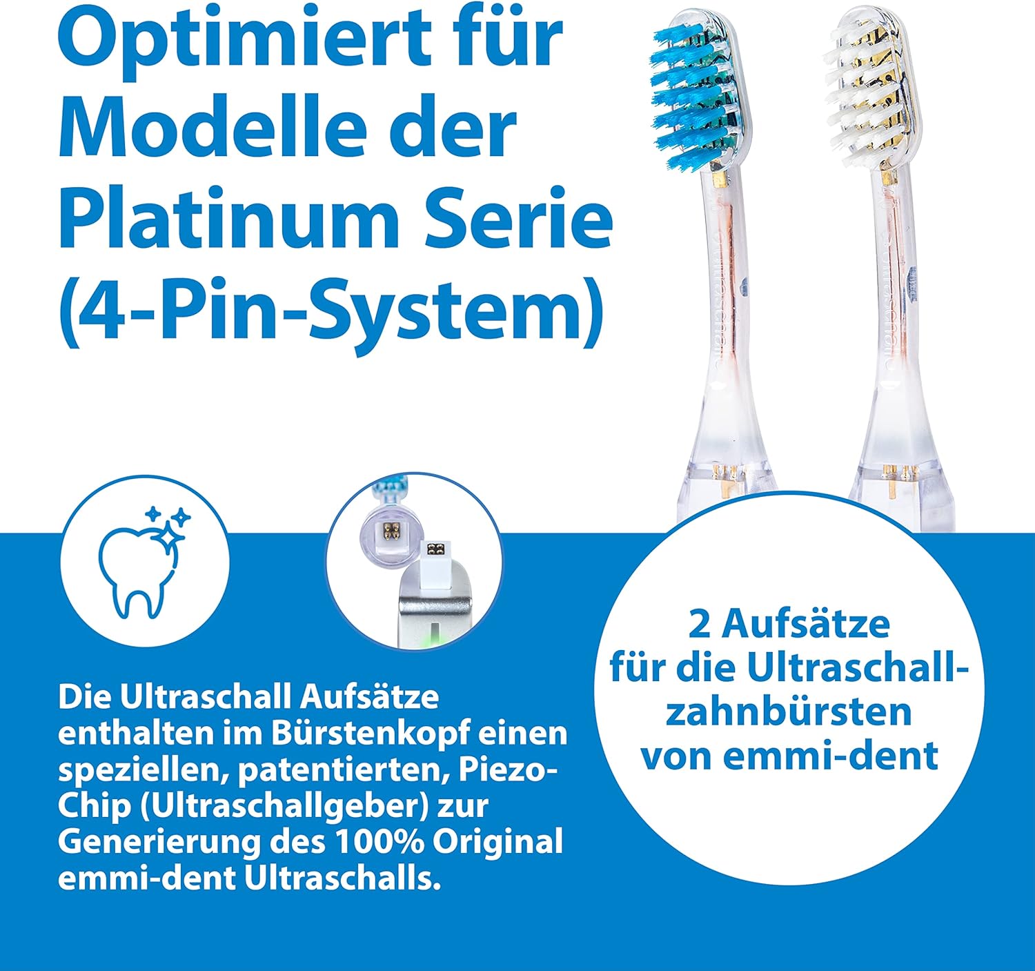 Emmi-dent Platinum 4-Pin Bristle-Head Attachments - Electric Toothbrush Replacement Heads. Cleans with Ultrasound Waves. (Regular 2 Pack)