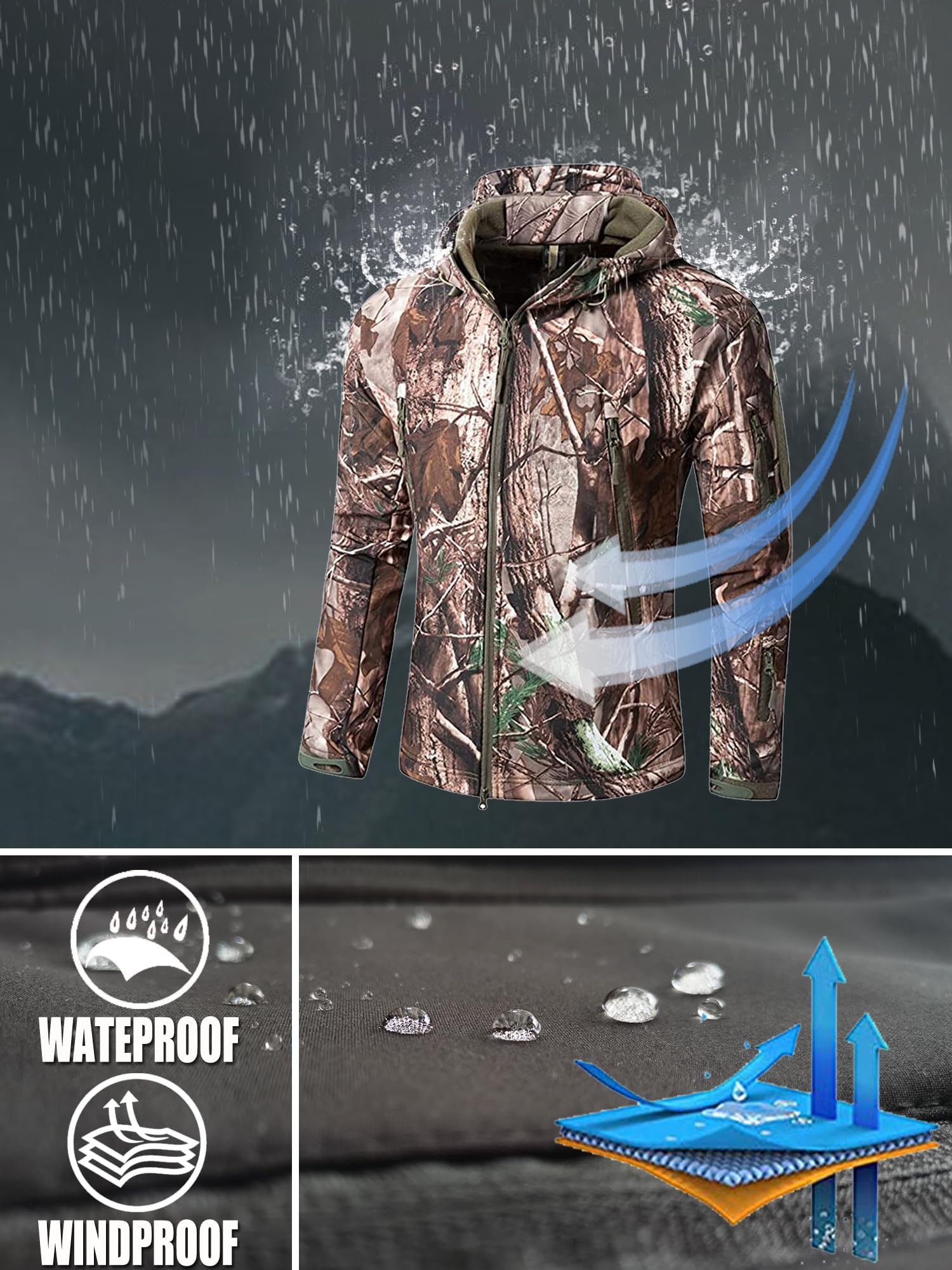 Kelmon Uomo Tattico Softshell Giacca Multifunzionale Outdoor Camouflage Militare Pile Fodera Impermeabile Antivento Calda Cappuccio Cappotto
