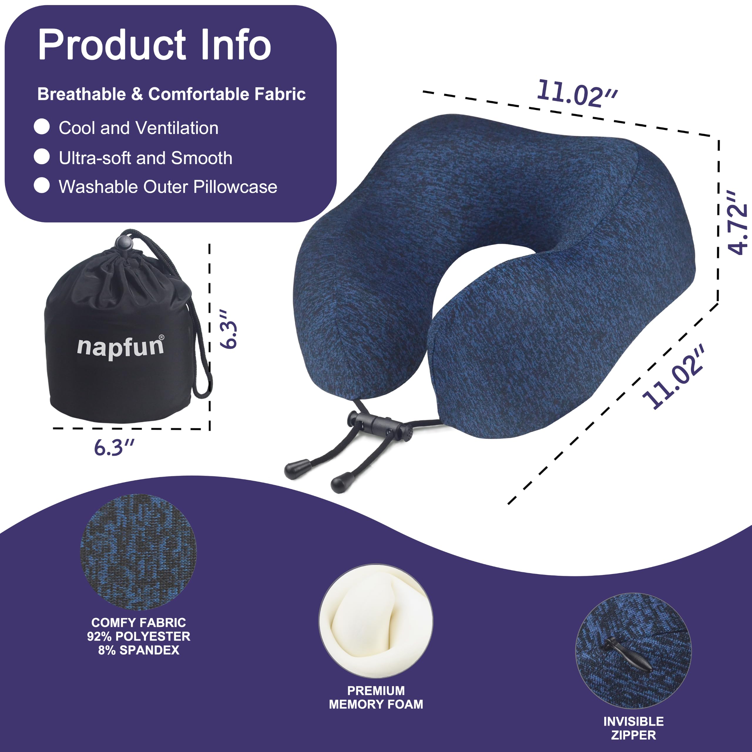 napfun Neck Pillow for Travel, Memory Foam Airplane Pillow, Full Dark Blue view 2