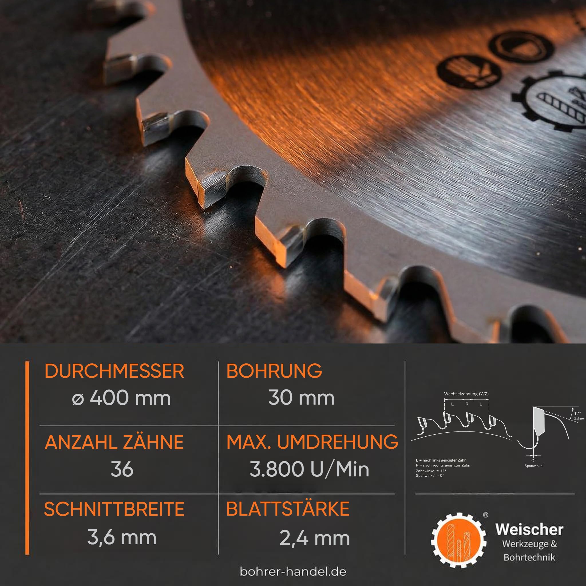 Weischer® - Kreissägeblatt 400 x 30 mm | 36 Zähne (Wechselzahn) | 30 mm Bohrung | HM Hartmetall Sägeblatt | für Paletten, Holz, Spanplatten, Bauholz | Längsschnitt Querschnitt I NAGELFEST