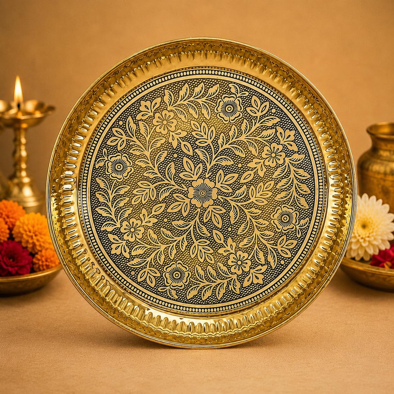 RR Bhog Prasad Plate 100% Brass Embossed Thali for Puja | Brass Aarti Thali | Home & Office | Engraved Pure Pooja Plate Home Decoration | Wedding Gift (6 Inch)-image-14