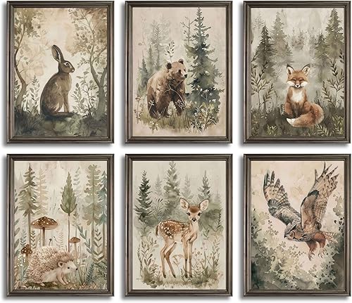 6 piezas de lienzo de bosque para cuarto de bebé, arte de pared neutral vintage Cottagecore bosque safari animales paisaje natural acuarela pintura