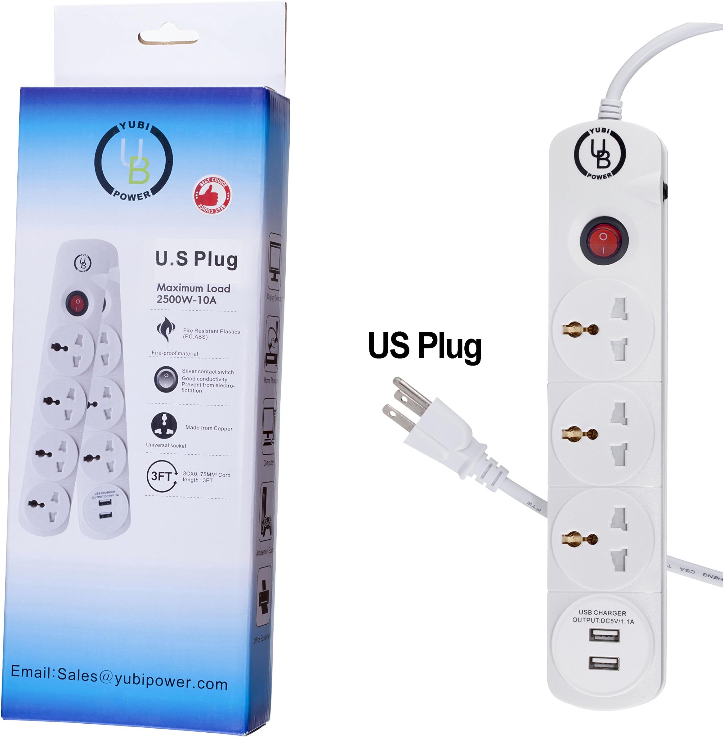 Yubi Power Universal Power Strip 3 Outlets with 1.1A Dual USB - 100V to 220V/250V and 2500 Watts Surge Protector - with Circuit Breaker -U.S. Cord for Worldwide Use