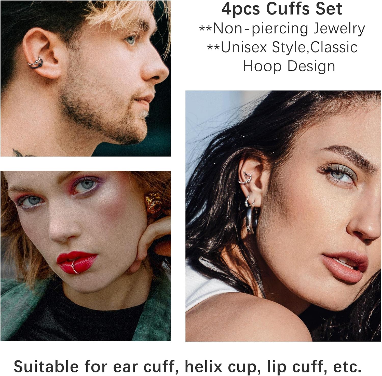 Jovivi 2 pairs 16g Stainless Steel Fake Ear Cuffs Earrings Non Piercing | Silver Black Non-pierced Clip On Lip Nose Hoop Stud Cartilage Rings for Women