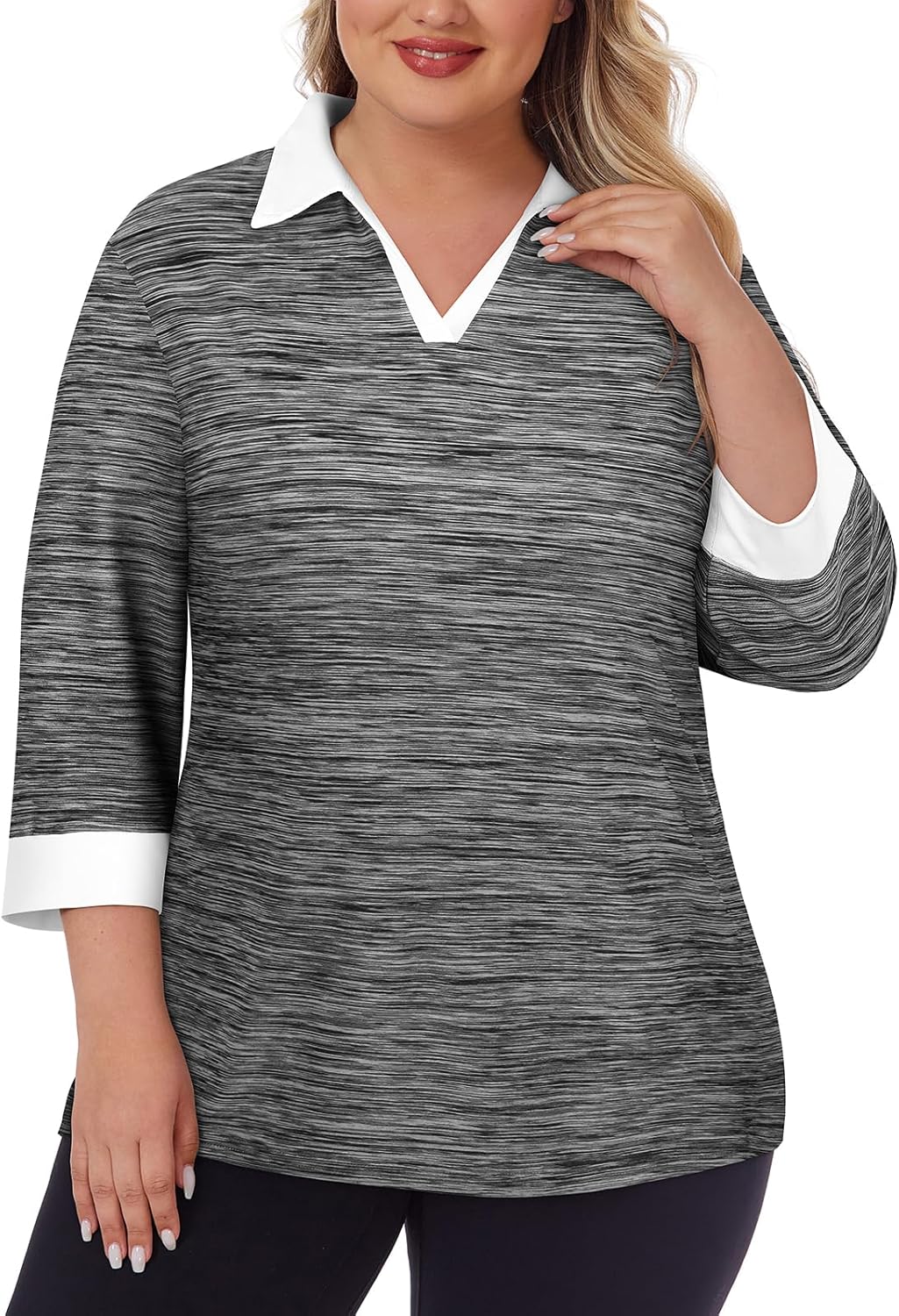 Koscacy Plus Size Womens Golf Polo Shirts 3/4 Sleeve Collared V Neck Colorblock Workout Tops