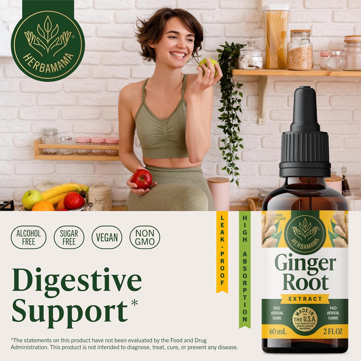 HERBAMAMA Ginger Drops - Vegan Digestive Support & Overall Well-Being with Ginger Root Extract Tincture - Non-GMO, Alcohol & Sugar-Free Liquid Antioxidant Supplement, 28-Day Supply - Image 2