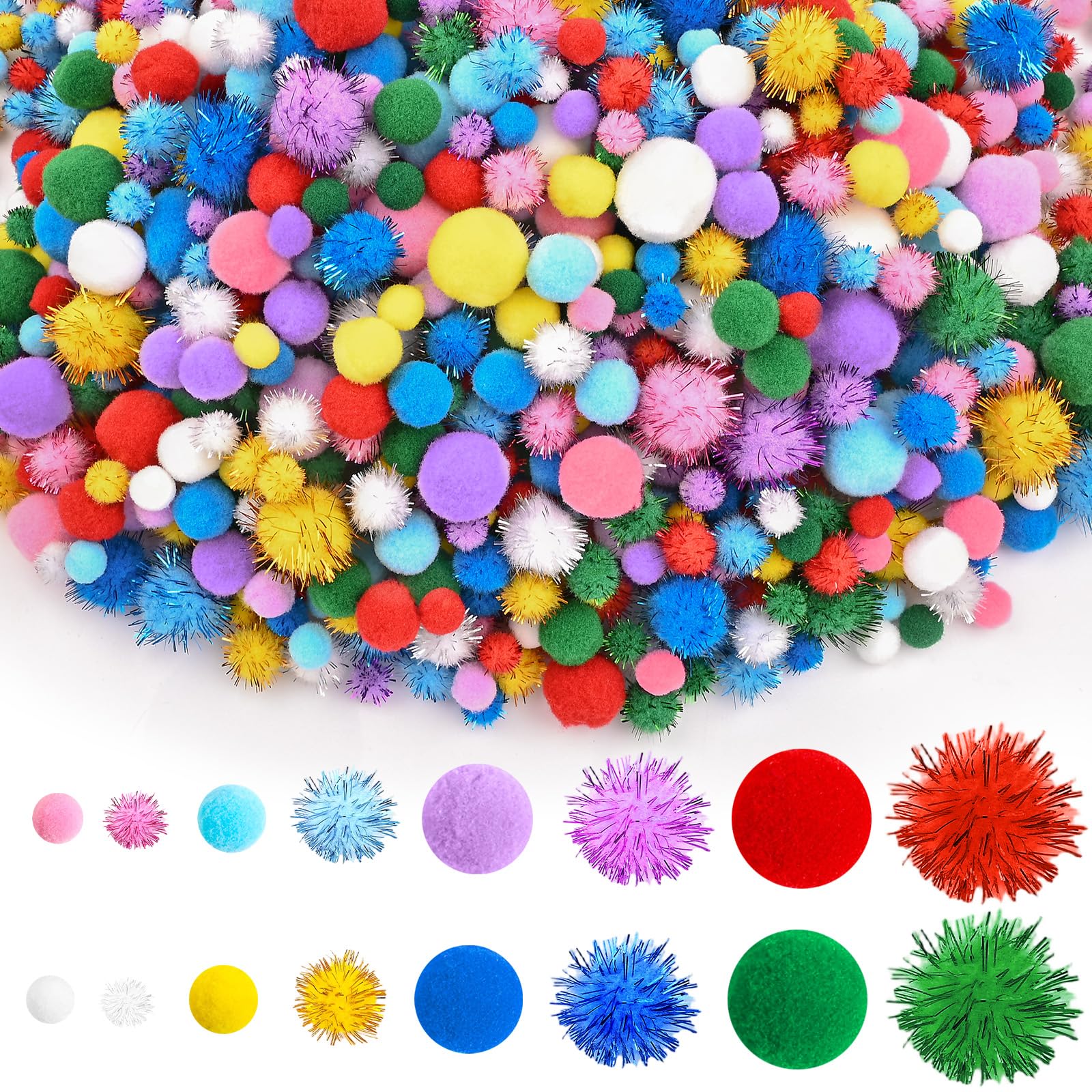 CHRORINE 1200 Pcs Pom Poms for Crafts Sparkly Assorted in 4 Sizes Pom Poms Bulk Essential for Arts DIY and Holiday Decorations (Multicolor)