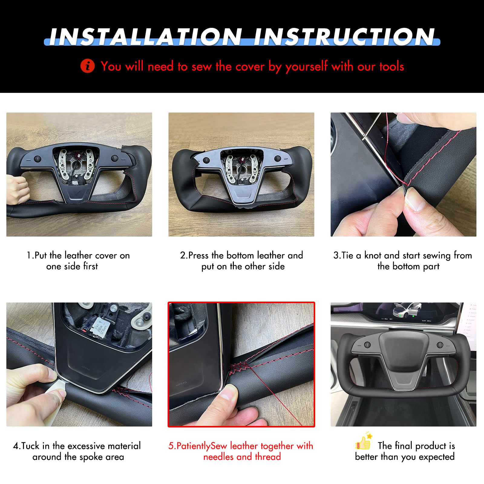 MEWANT DIY Black Smooth Artificial Leather Steering Wheel Cover Wrap for Tesla Model S Yoke 2021-2023 Model X 2021-2023