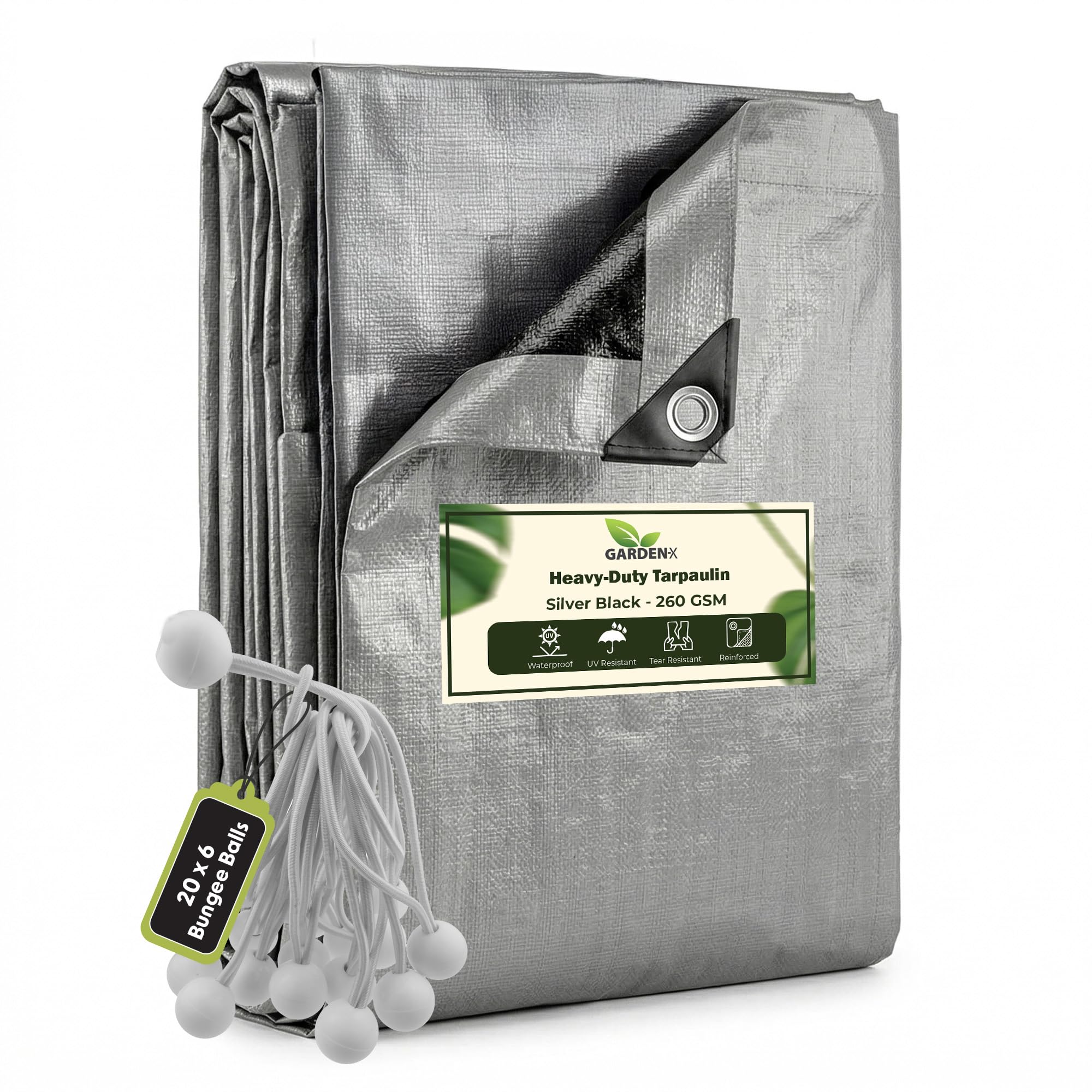 GARDENIX 2m x 4m Silver Heavy Duty 260gsm Tarpaulin Waterproof Tarp Sheet Cover, Groundsheet, Multipurpose, Reinforced Eyelets with 20 x 6" Bungee Balls (White)
