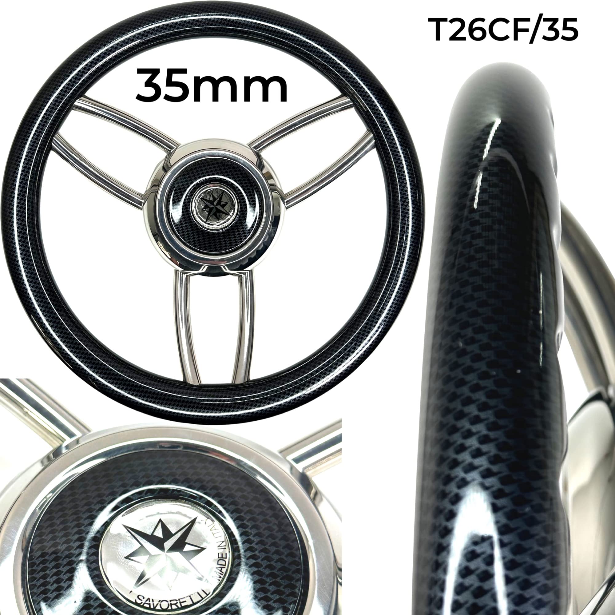 F26 Motorboot Sport Steuerrad T26CF, Edelstahl, 35 cm | Ergonomischer Griff im Carbon Look, für Tender, Schaluppe, Sloep, Tuckerboot und Yacht