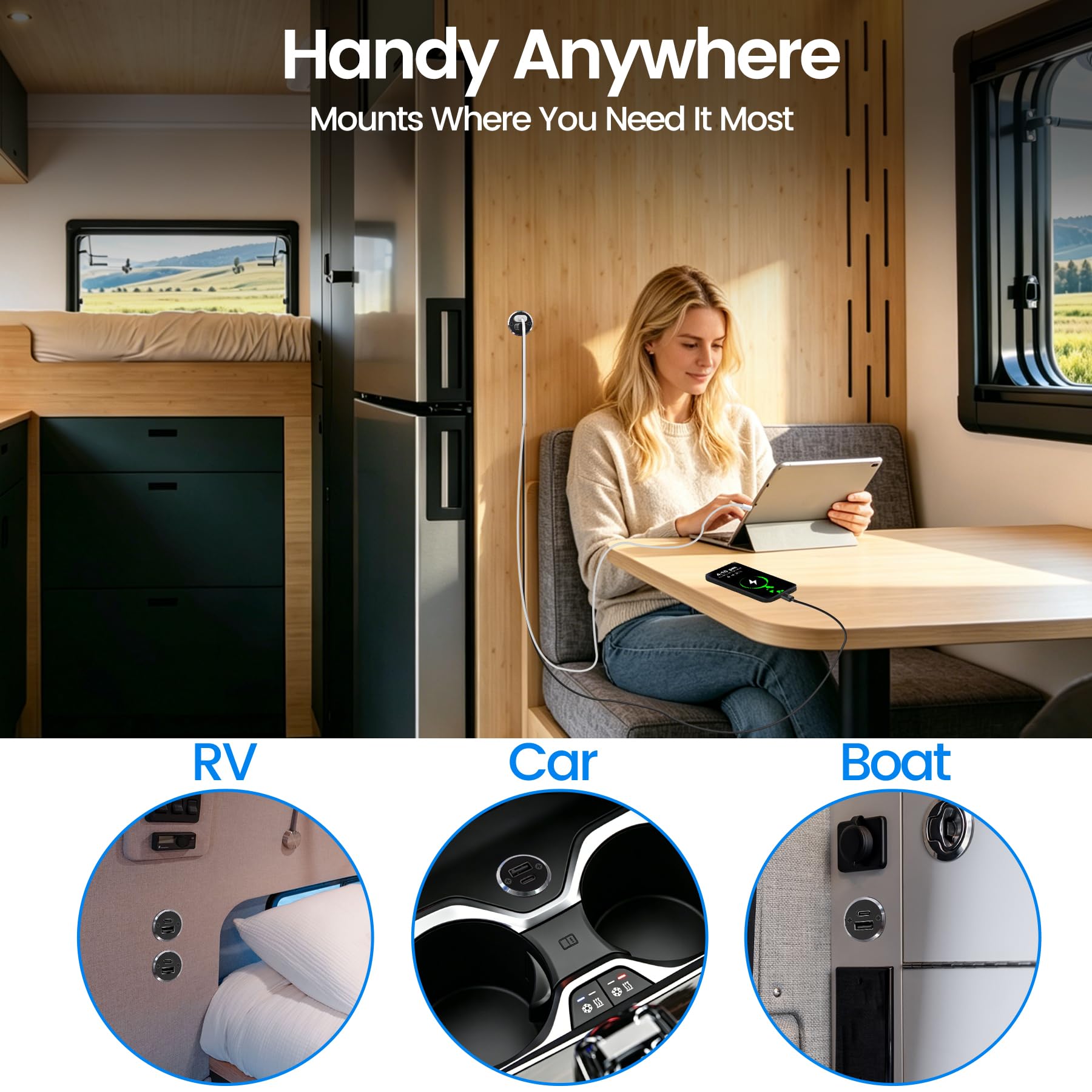 Uscita USB in alluminio per camper, QC 3.0 USB-A e USB-C PD Doppia presa Spina di ricarica ad alta velocità da incasso 12 V USB tipo A Tipo C stazione di ricarica per roulotte e rimorchi