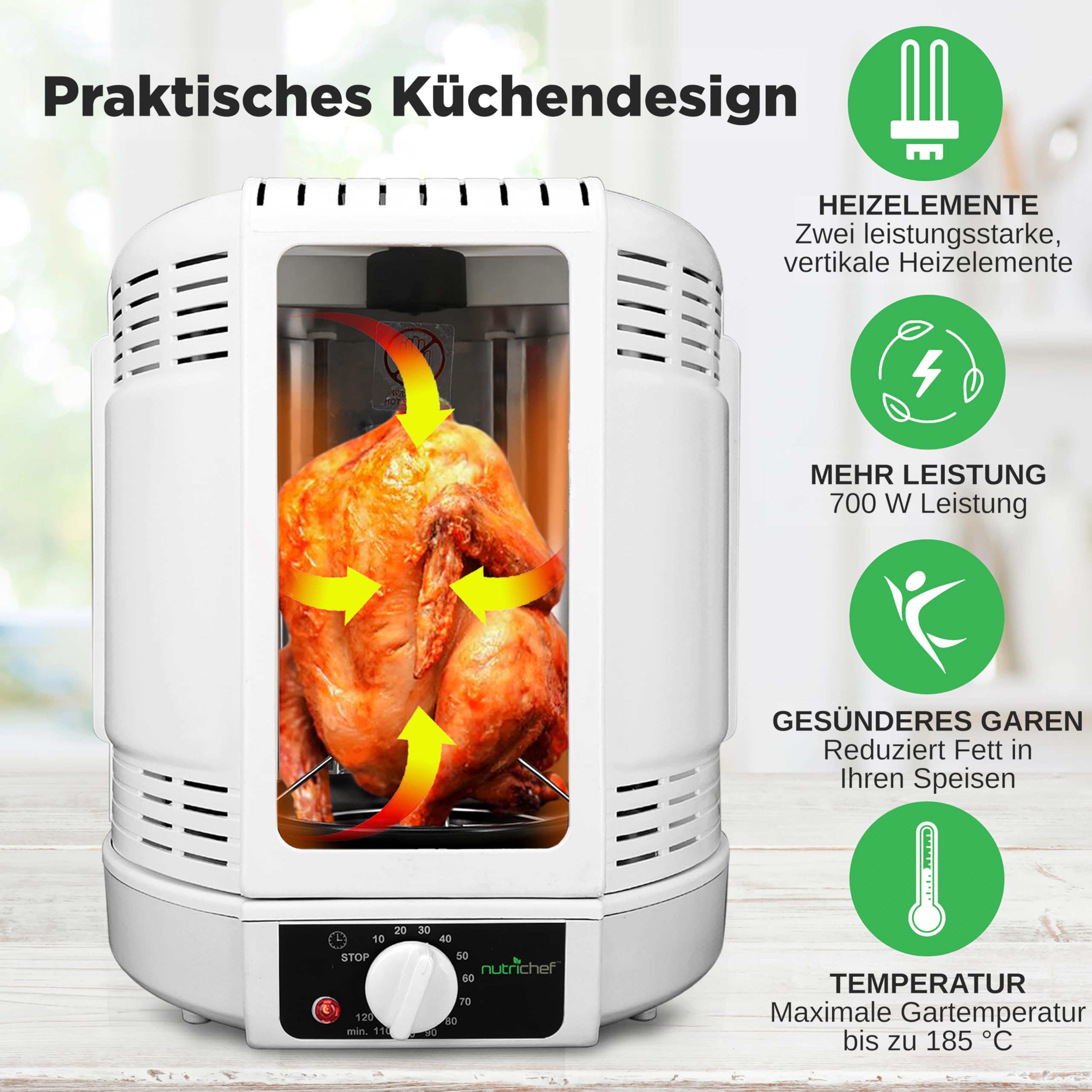 NutriChef Hähnchengrill mit Drehspieß – Weiß 700W Mini-Backofen Vertikal Elektrogrill Heißluft-Rotisserie für Hähnchen, Döner, Fleisch - Kompakt & Fettarm Inkl. Zubehör und Auffangschale