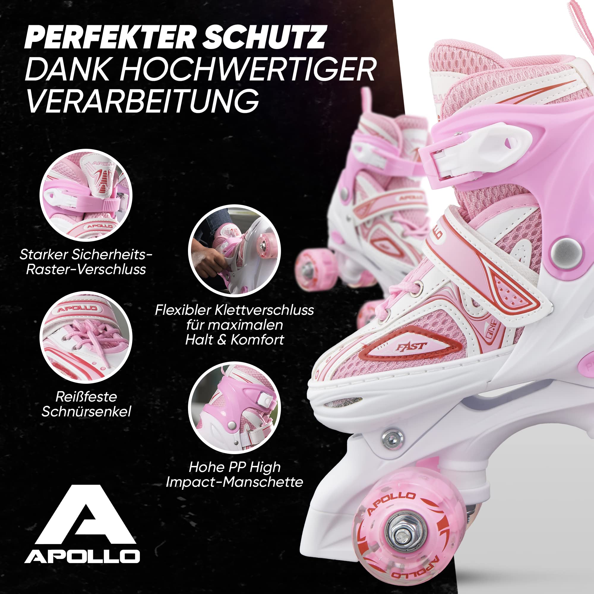 Apollo Super Quad X Pro | verstellbare Rollschuhe für Kinder | komfortable, größenverstellbare LED Roller Skates | Rollschuhe für Mädchen und Jungen | Größen 31-42