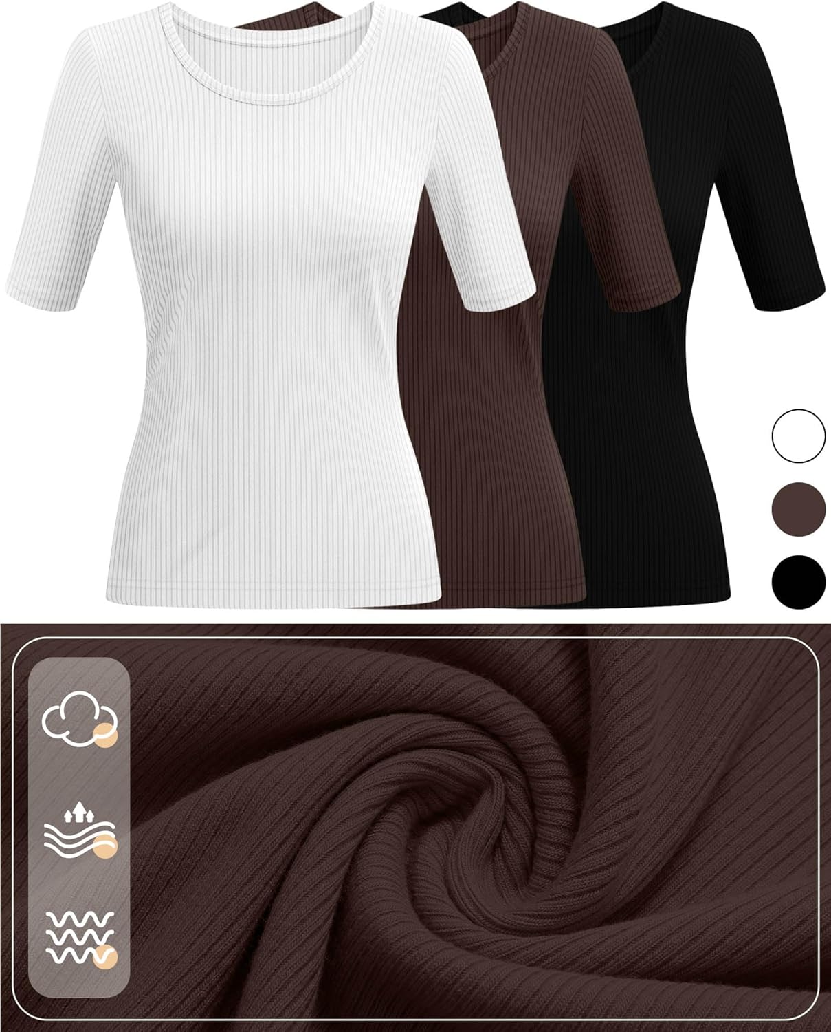 Neer 3 Pack Women's Scoop Neck Ribbed Tops Half Sleeves Shirts Slim Fitted 1/2 Sleeve Causal Basic Knit Tee - Image 2