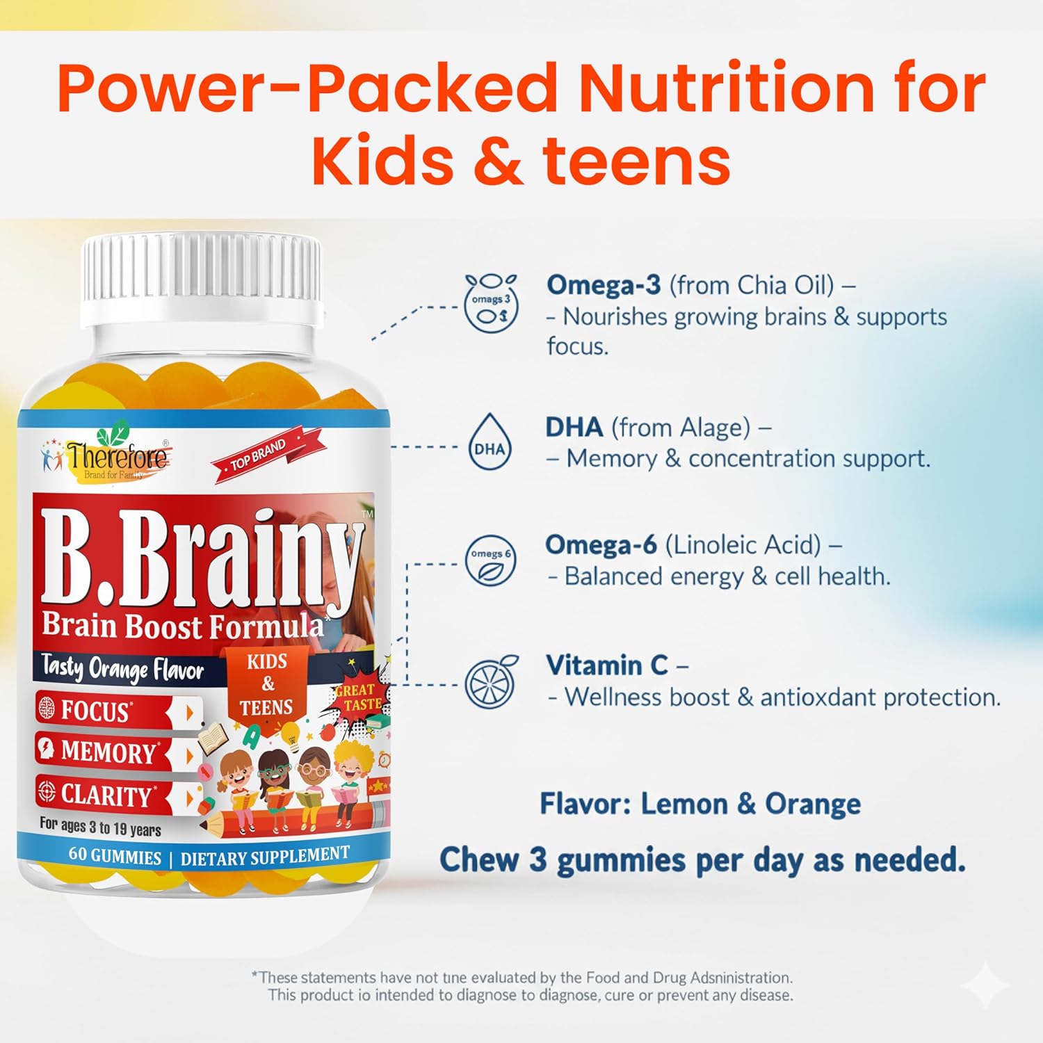 B.Brainy Focus Gummies for Kids & Teens, Kids Focus and Attention Supplements, Brain Focus Vitamins, Vegan Omega 3 EPA/DHA, Support Memory, Clarity, Concentration, Low Sugar 60 Gummies - Image 4