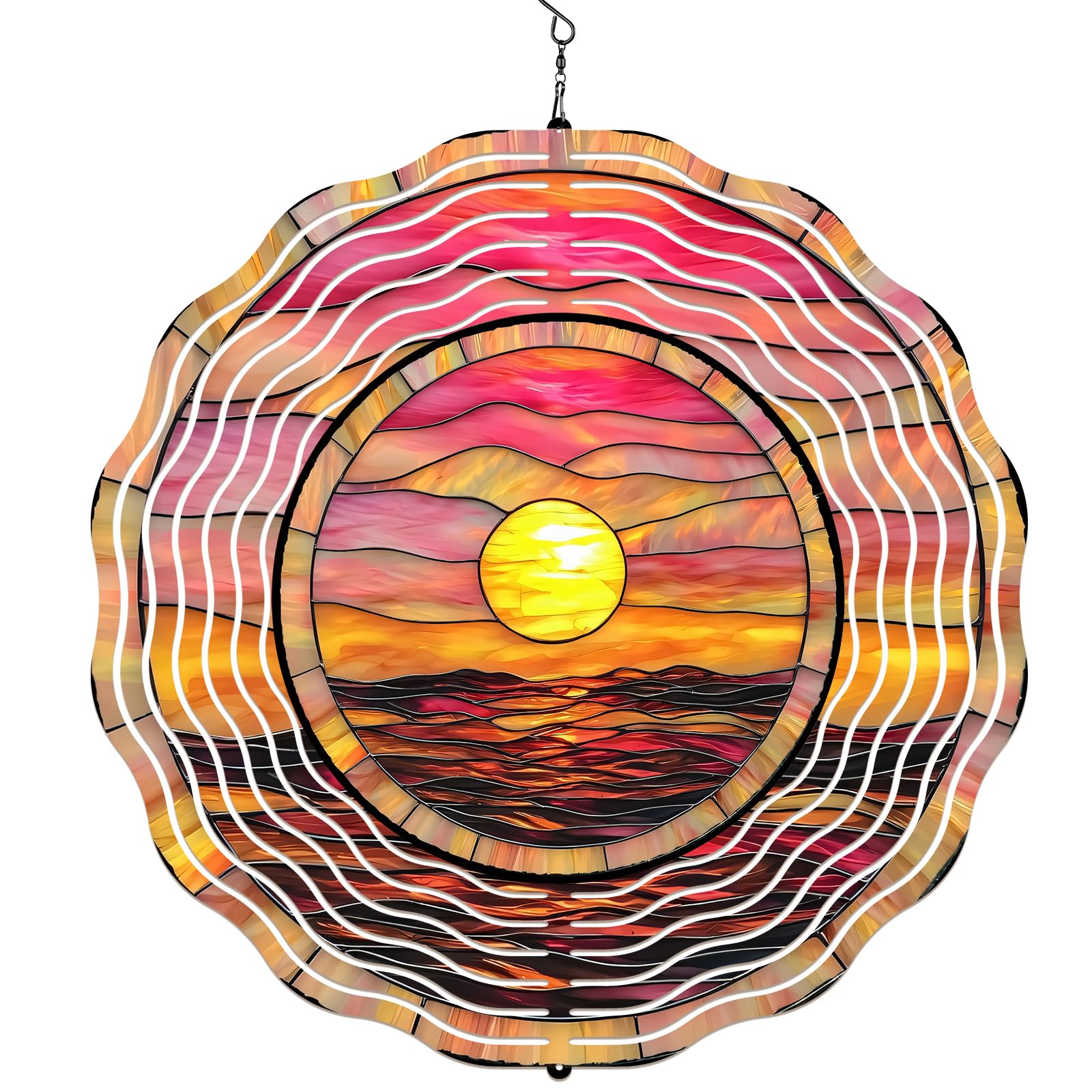3D Rotating Wind Spinner Sunrise Sea, Elegant Garden Wind Spinners for Outdoor Garden Decoration, Metal Hanging Ornament for Outdoor Yard Garden