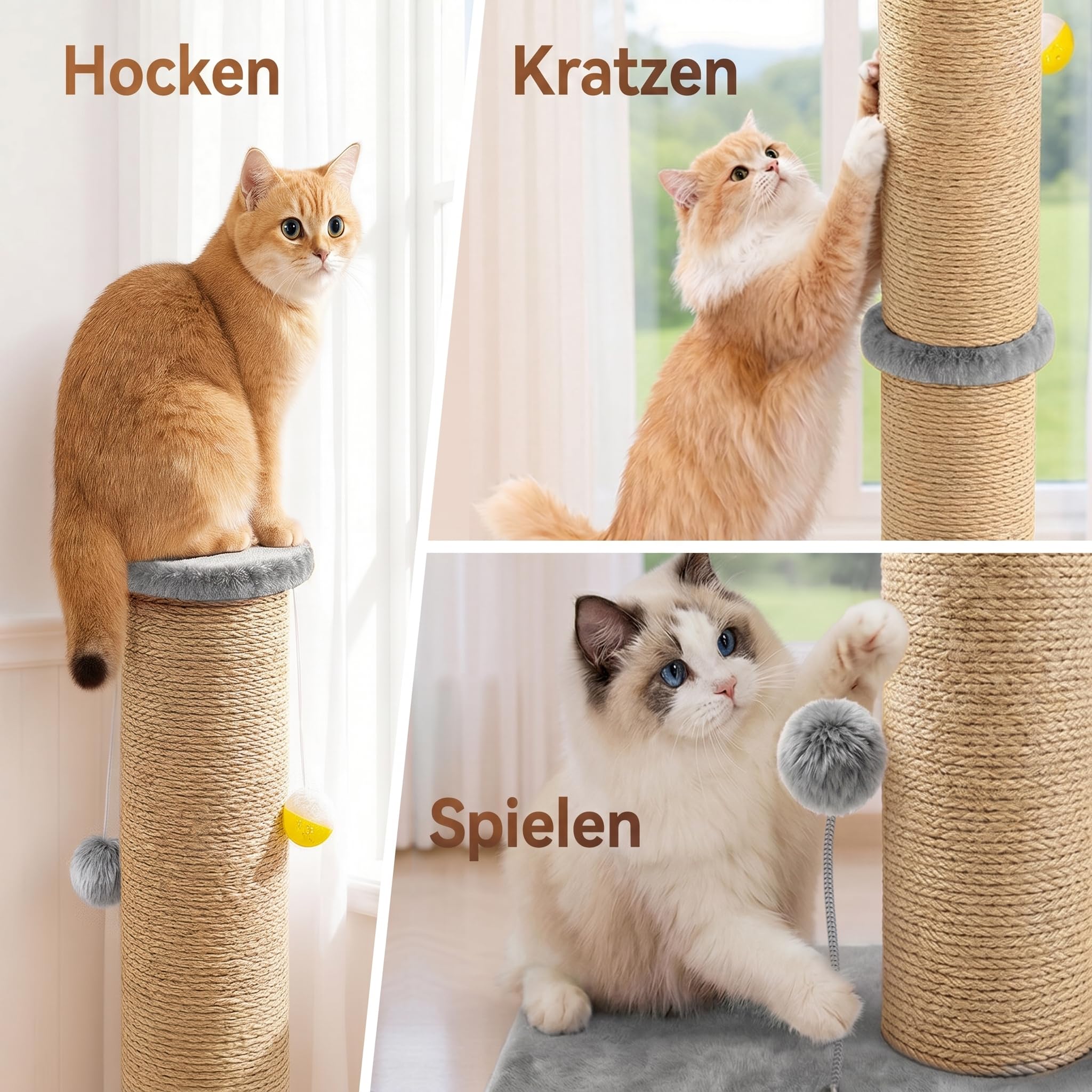 Sisal Kratzbaum 13,5 cm Dick, 91 cm Hoher Kratzturm mit Oberer Plattform und Extra Stabilem Sockel (54 × 41 cm), Strapazierfä Higer Kratzbaum für Wohnungskatzen, Grau