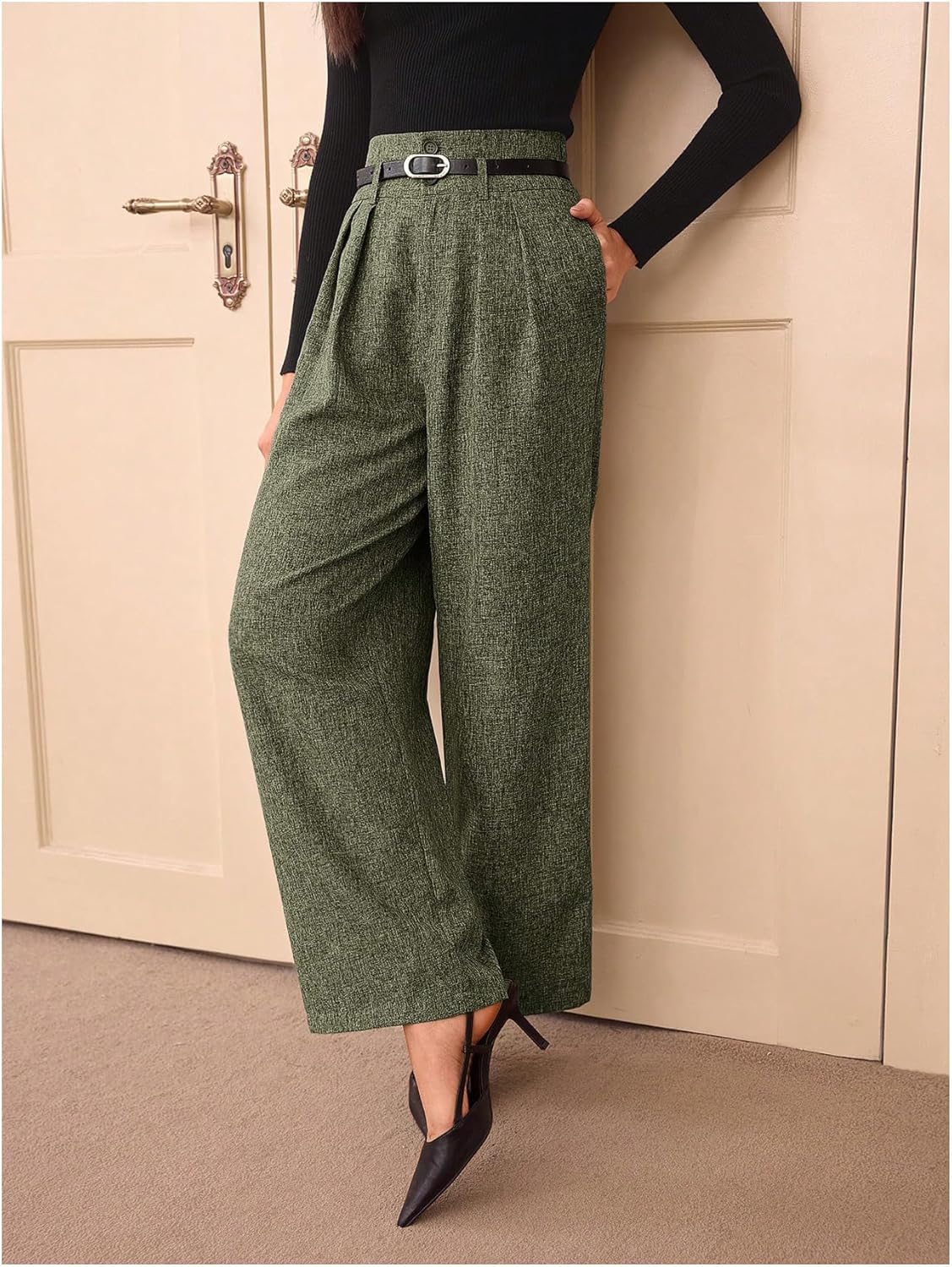 MakeMeChic Women's Fall Work High Waist Pants Pleated Business Office Straight Leg Belted Trousers - Image 2