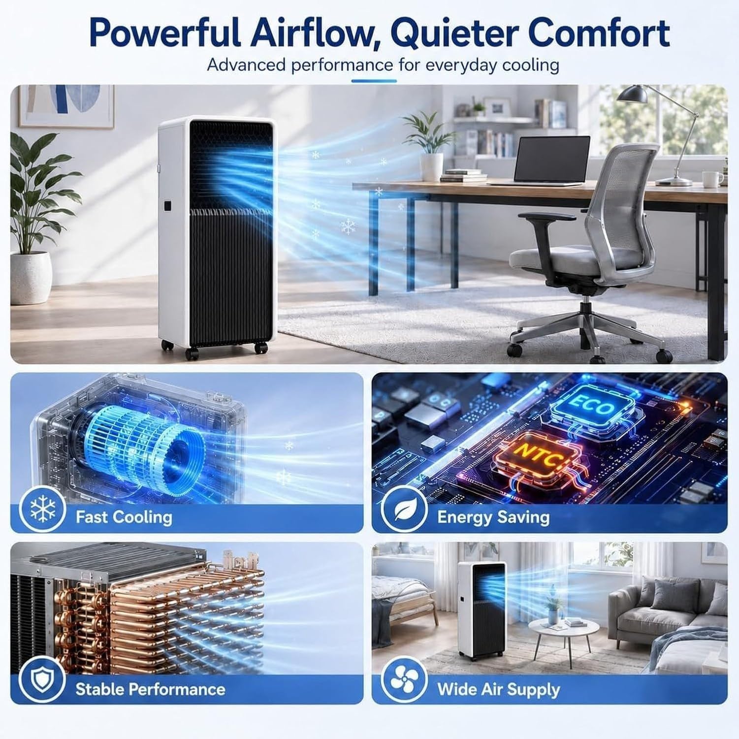 Aire Acondicionado Portátil 12000 BTU Silencioso con Kit de Ventilación de Ventana, 3 en 1 Ventilador y Deshumidificador, Función Sueño, Control Remoto para Habitación Enfriamiento Rápido