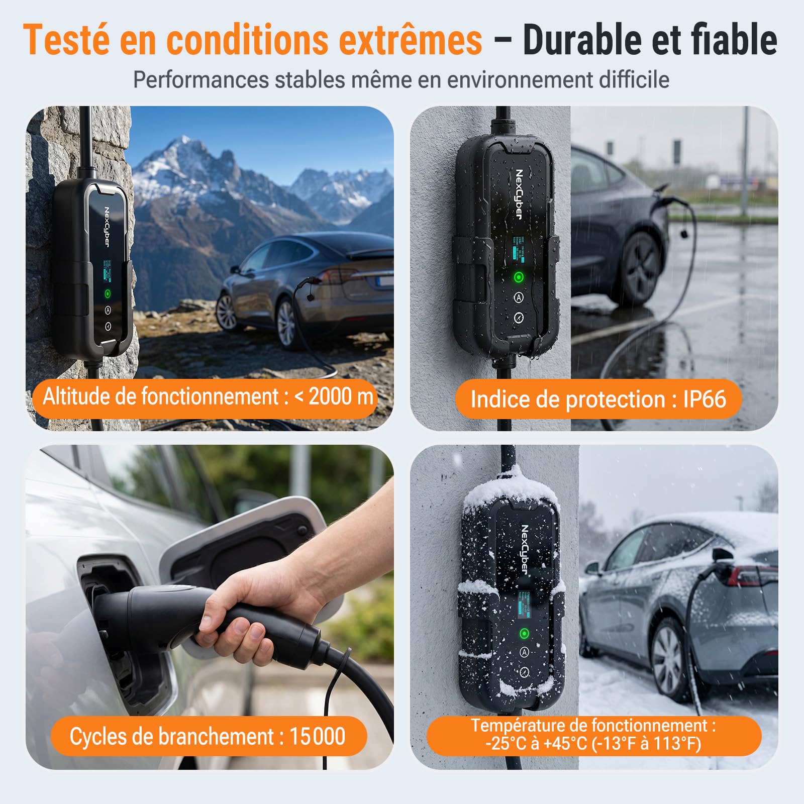 Chargeur Voiture Electrique 3.68kW Mobile avec App & OLED, 5,6M monophasé 230V, 8-16A réglable, Prise CEE 20A 2 pôles IP66+FI, Type 2, Mural & Portable, pour Model 3/Y, ID.3, etc. BEV/PHEV