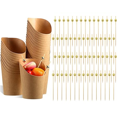 30 Pcs 14 oz Disposable French Fries Cups Charcuterie Waffle Paper Popcorn Kraft Paper Boxes and 60 Pcs 4.7 Inch Wooden Cocktail Toothpicks Appetizers Fruits Dessert Sticks