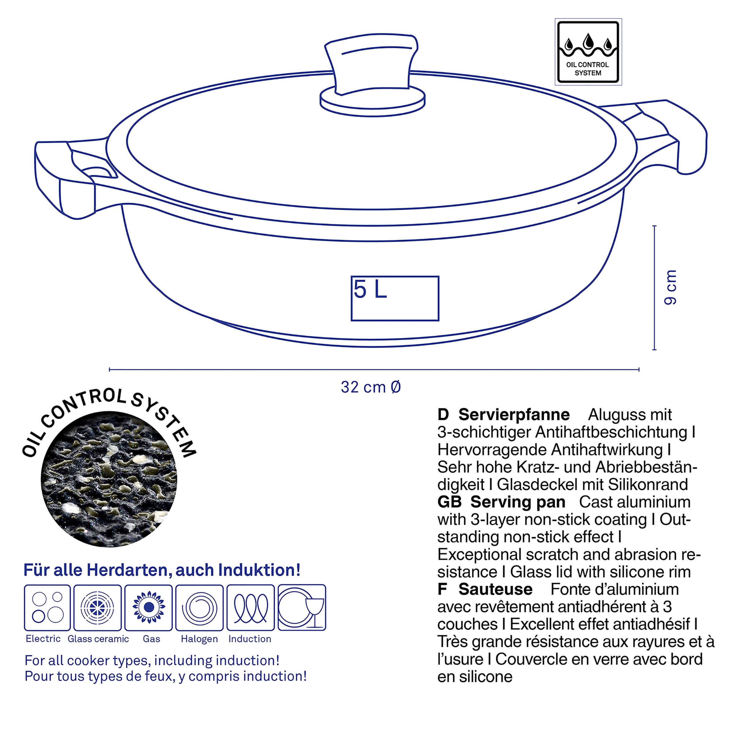 kela Padella da portata 32 cm STELLA NOVA, padella con coperchio con sistema di controllo dell'olio, casseruola a induzione 5 L, rivestimento in alluminio pressofuso, padella per paella con bordo alto