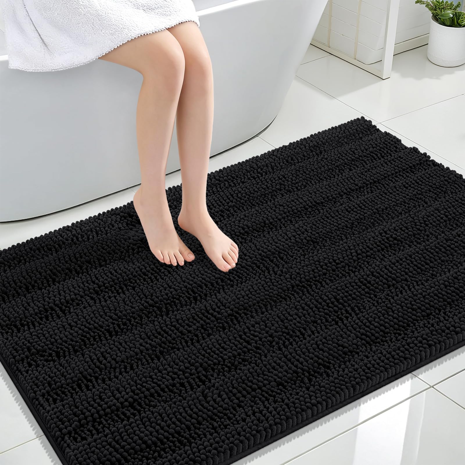 OLANLY Thick Large Bathroom Rugs 47x32, Soft Chenille Bath Rugs, Black