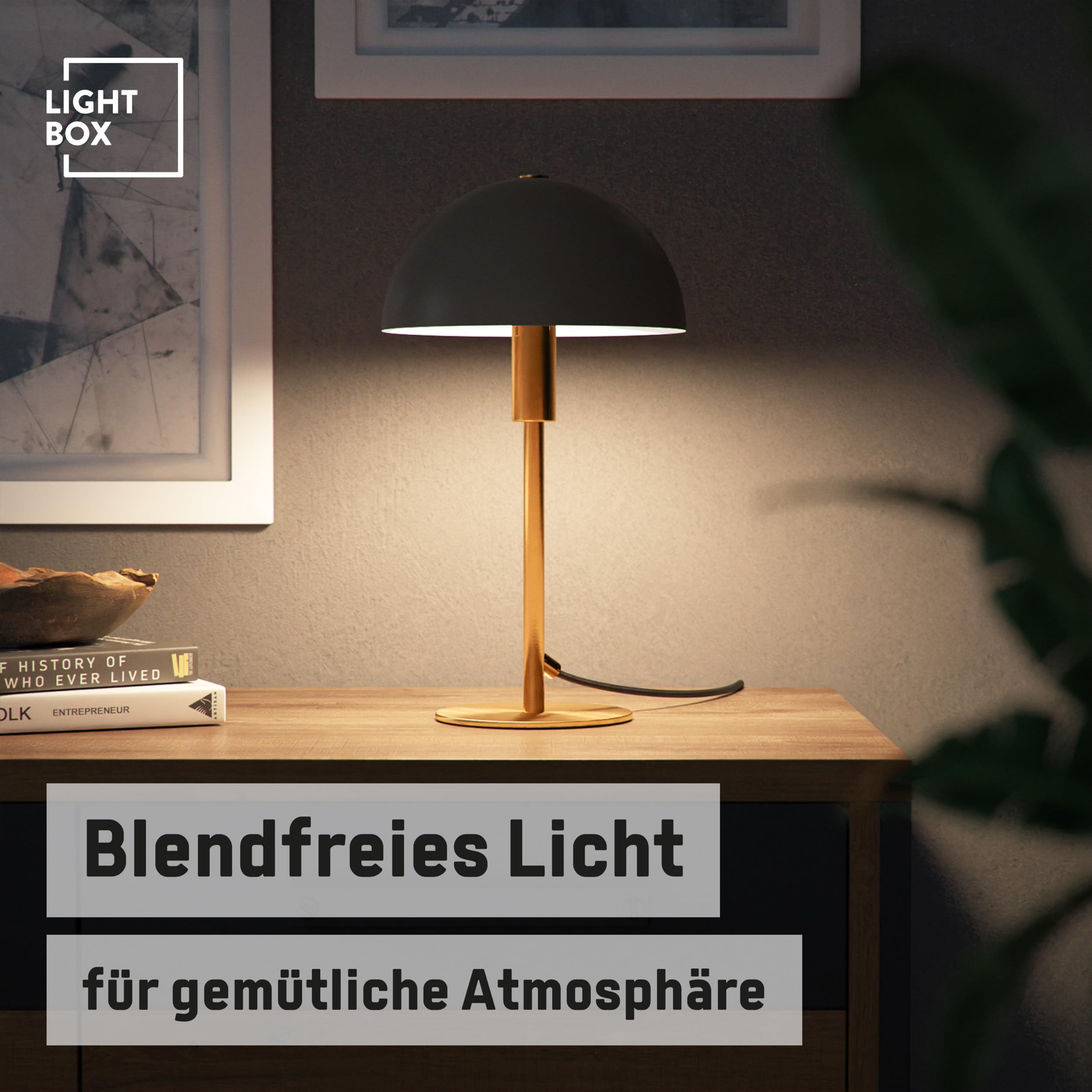 Lightbox Pilz Tischlampe | 36 cm Höhe, Ø 20 cm | Tischleuchte mit Wipp-Schalter | glamouröse LED Lampe als Nachttischlampe für das Schlafzimmer | E14 | aus Metall in Goldfarben/Matt Taupe/Grau