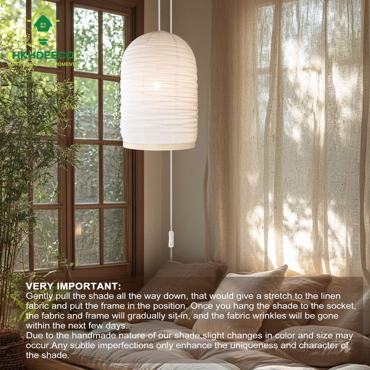 Luci a sospensione con cavo plug-in in lino da 15 pollici, beige, fatte a mano, lampada a sospensione per naturalismo e Zen, adatte per scene come camere da letto, soggiorno, corridoi