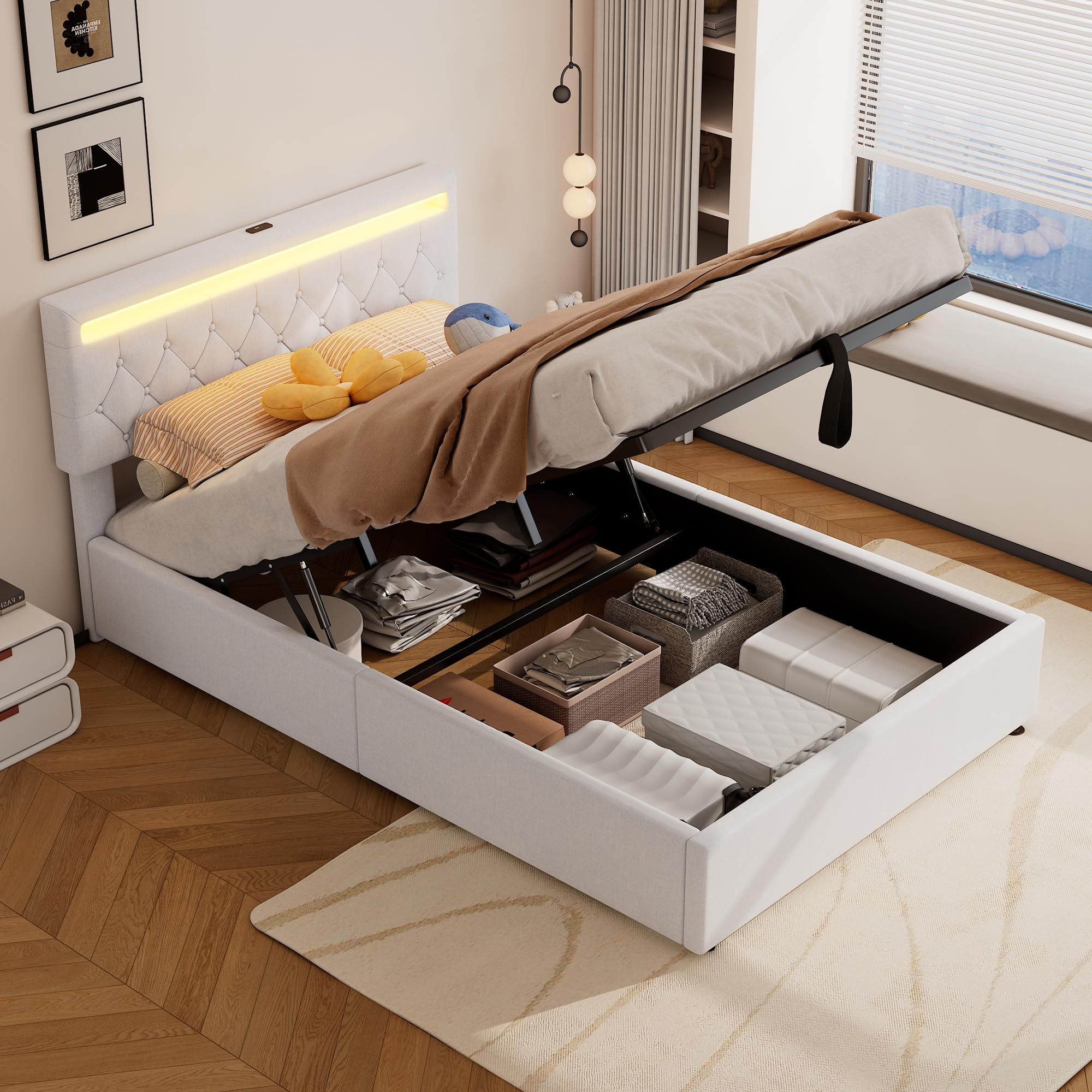 LAKFEW Cama Matrimonio Cama 140x200 cm con USB y LED, Camas Matrimoniales con Almacenamiento Hidráulico, Camas Juveniles Cama Doble con Cabecero Ajustable y Somier Metálico, Lino, Blanco, Sin Colchon