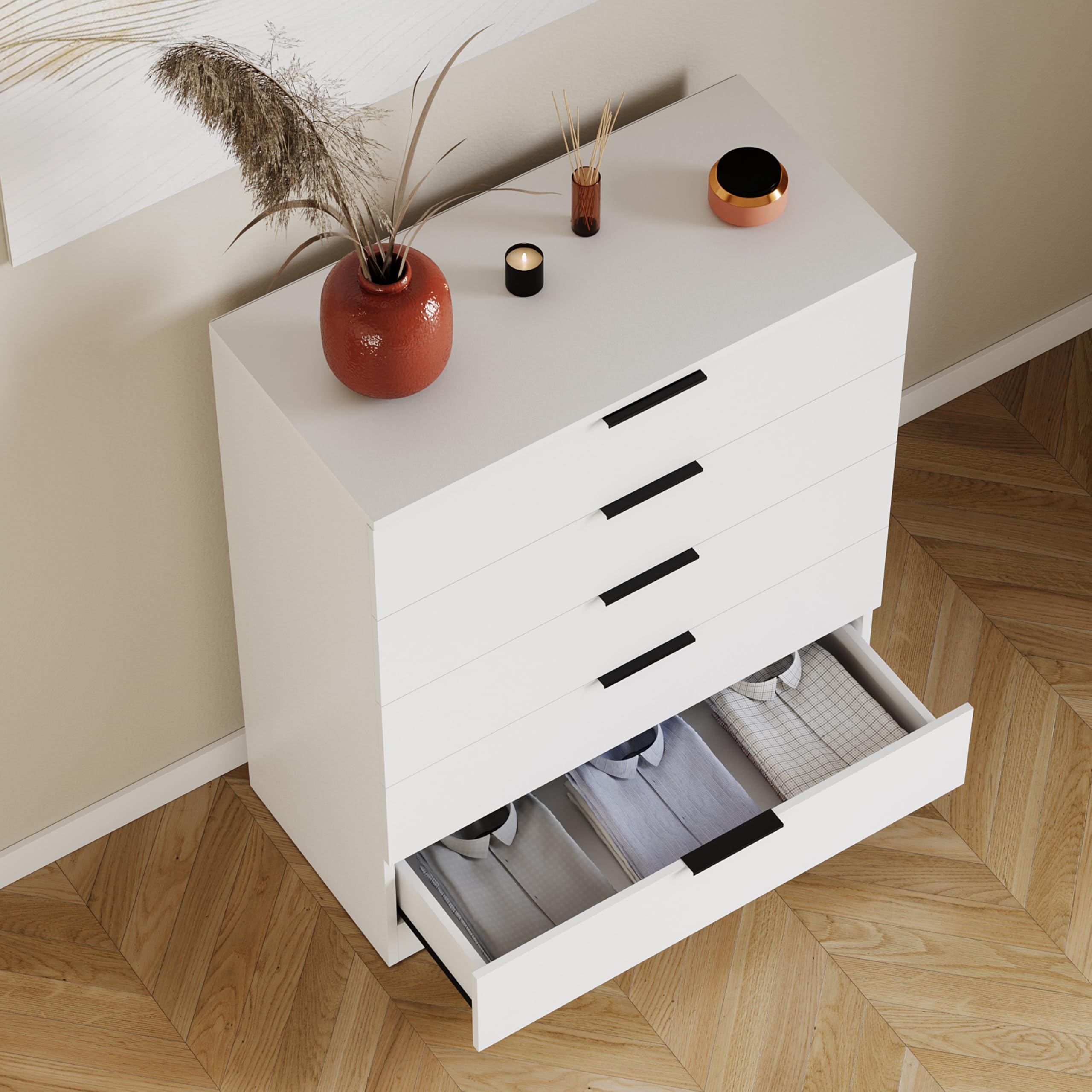 Vida Designs Trega Kommode mit 5 Schubladen | Weiß | 90 H x 66 B x 36 T cm | Platzsparende Stauraumeinheit | Schubladenstütze gegen Durchbiegen | Minimalistische | Leichtgängige Schubladenführungen
