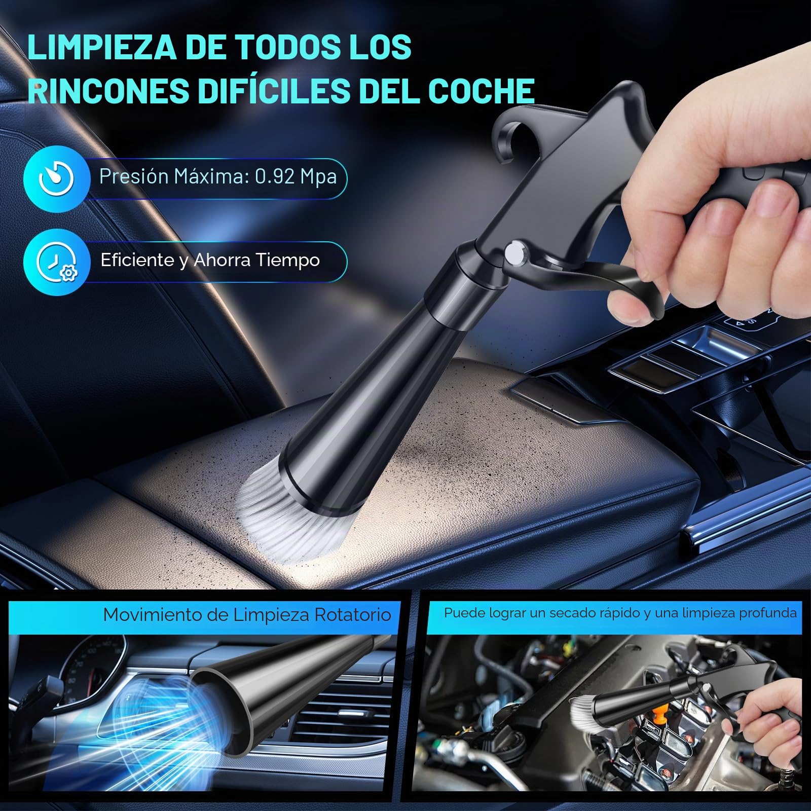 Pistola de limpieza en seco, pistola de limpieza interior de coche de alta presión, herramienta de limpieza de coche con 2 boquillas para soplar rápidamente la suciedad y el polvo